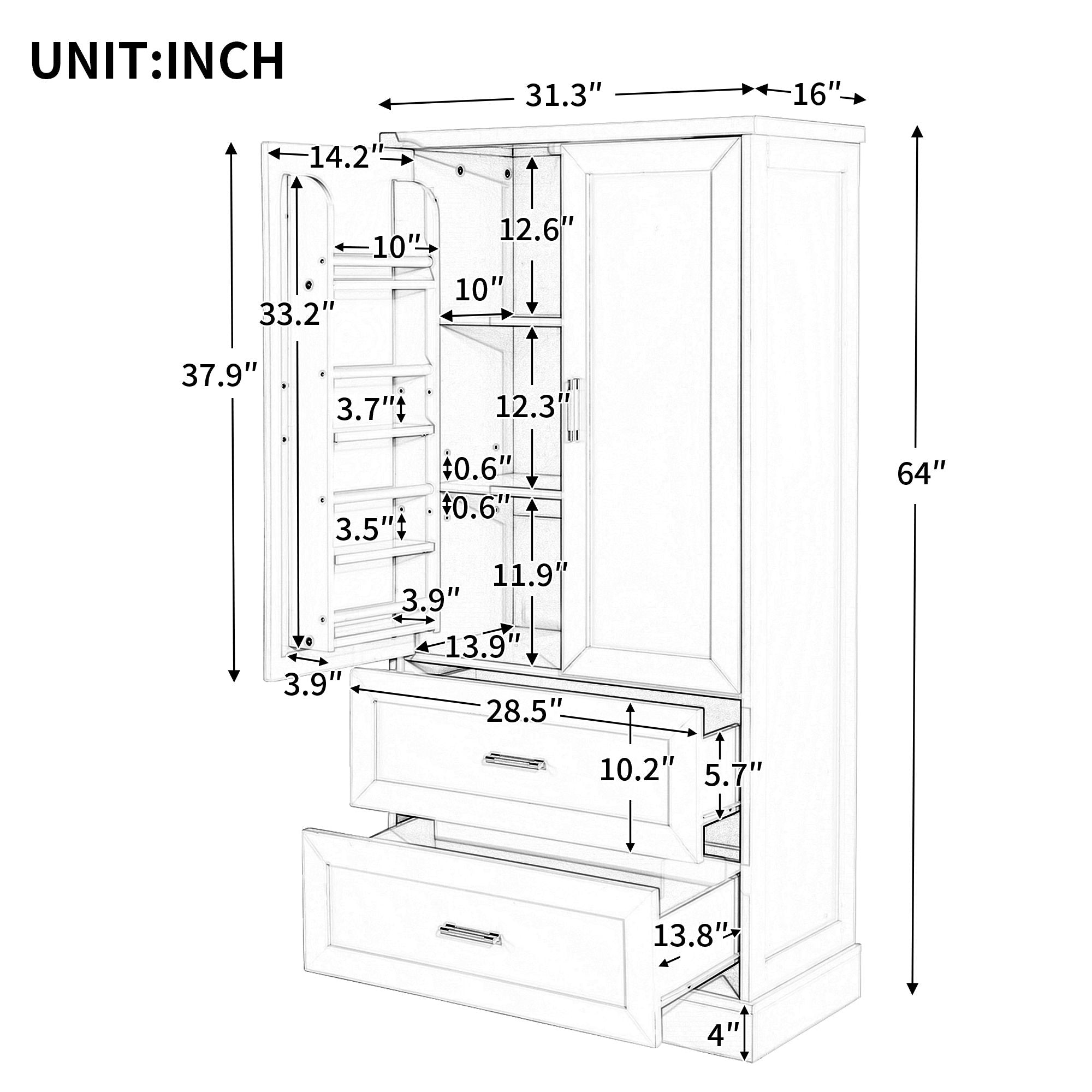 Tall Bathroom Storage Cabinet With 2 Doors And Drawers, Adjustable Shelf