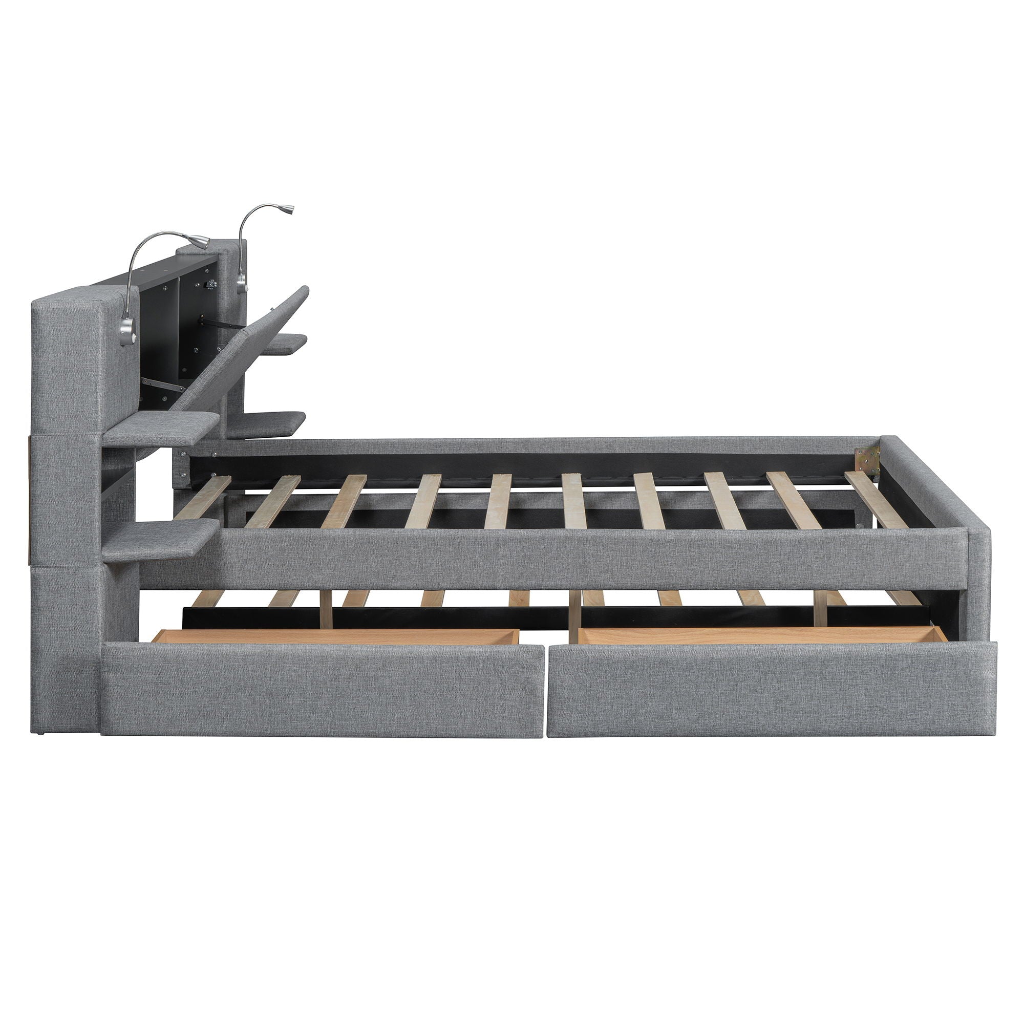 Upholstered Platform Bed With Reading Lights, Drawers, Trundle And Shelves
