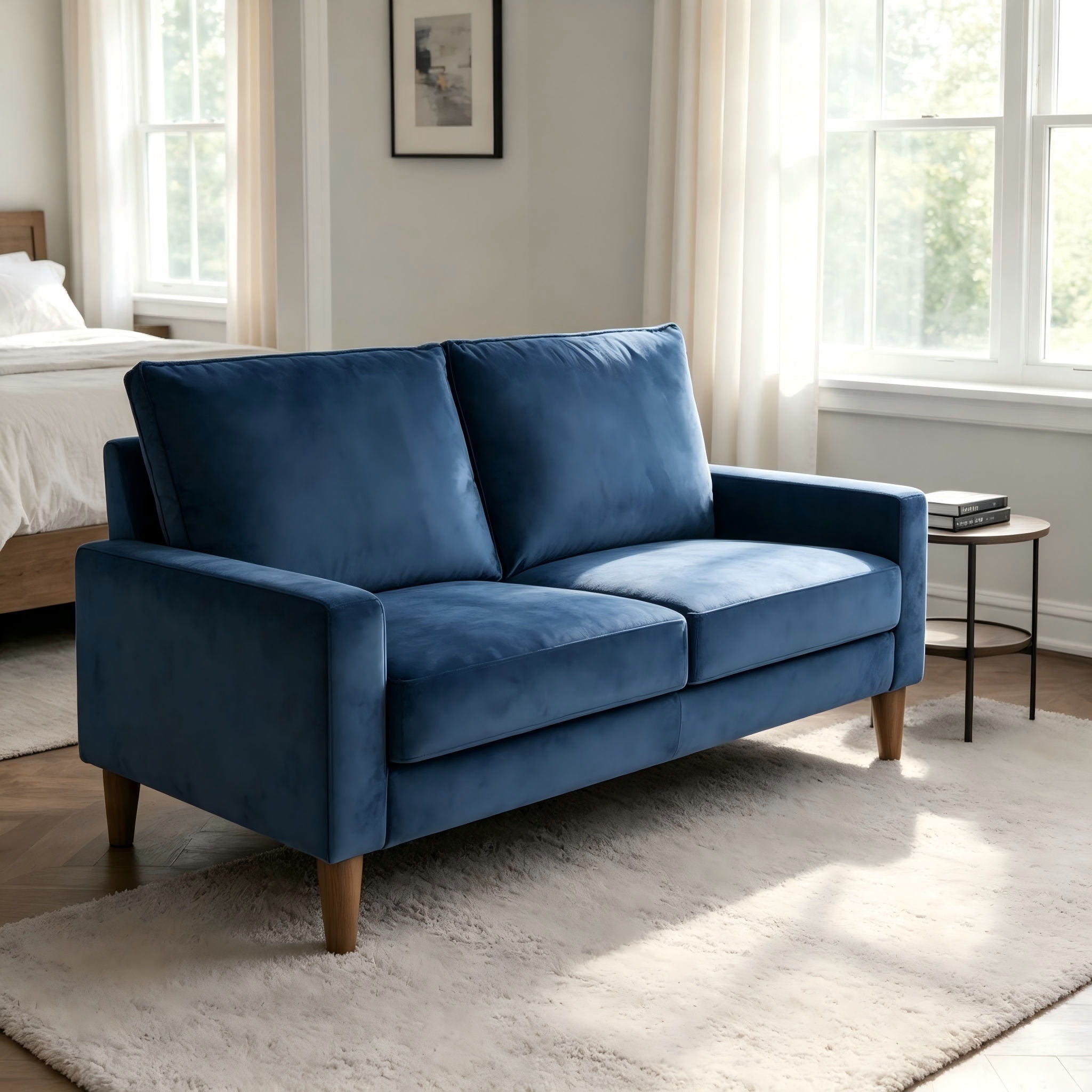 Upholstered Loveseat Sofa, 2 Seater Couch For Living Room Apartment - Dark Blue