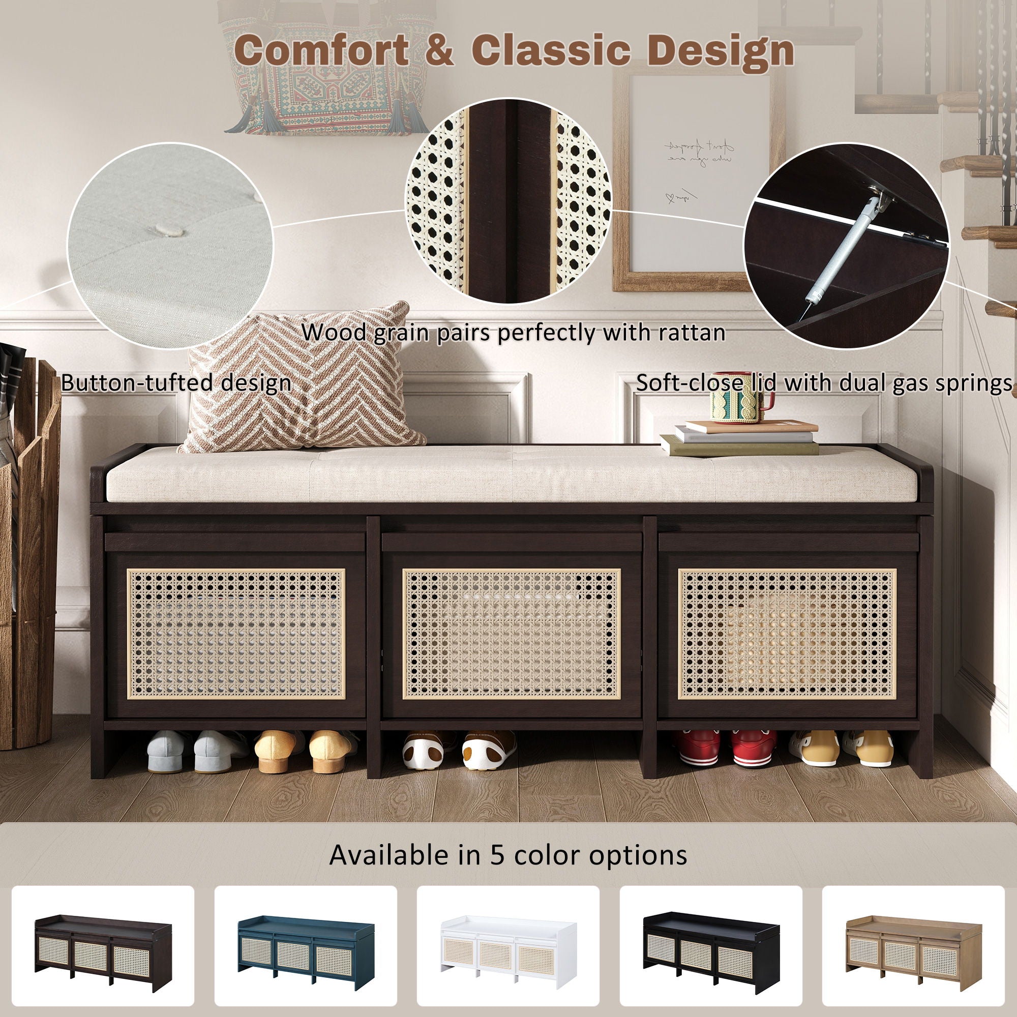 Entryway Shoe Bench With Drawers & Button Tufted Cushion