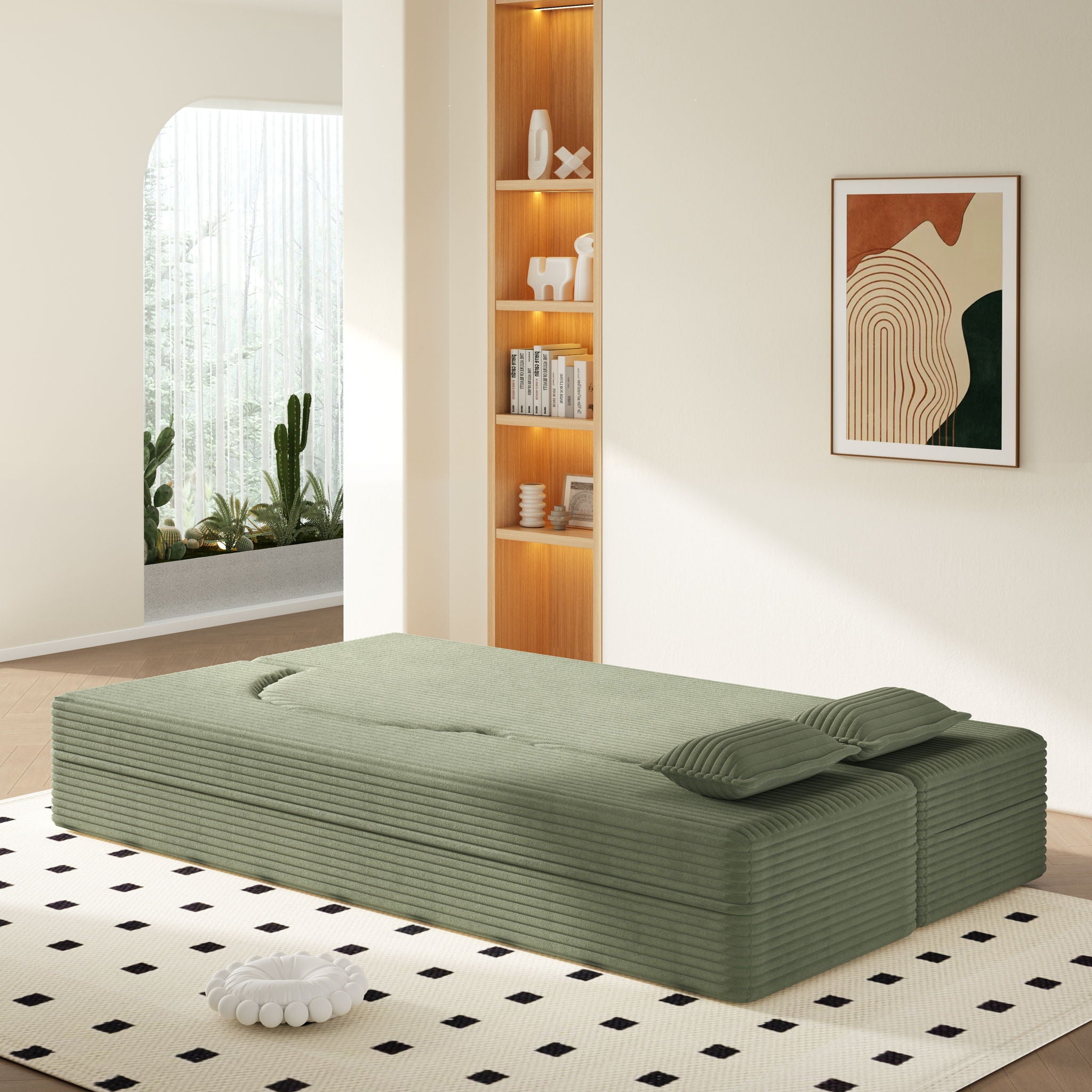 Modern Floor Sofa With 2 Pillows, Convertible Twin Size Folding Mattress For Living Room