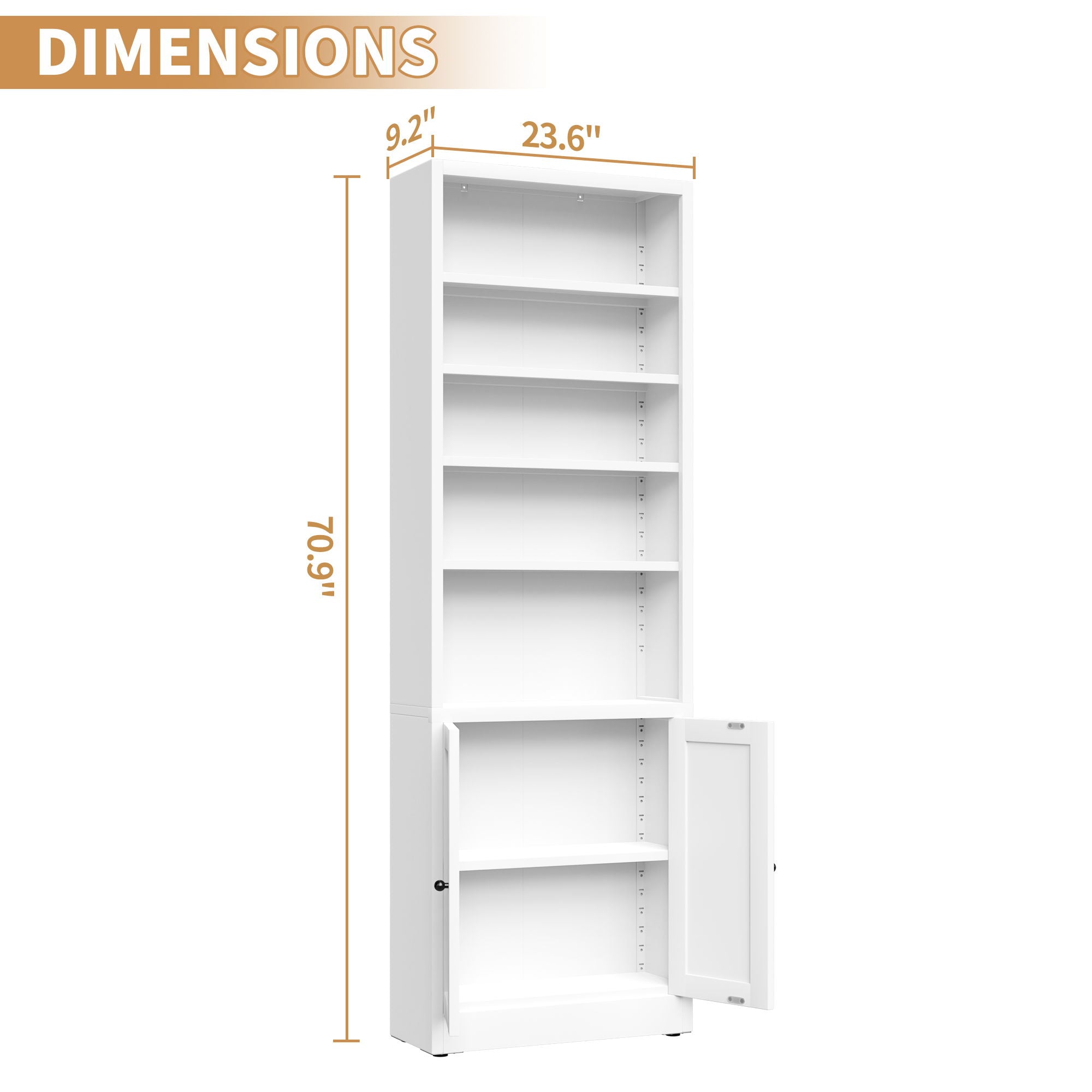 Bookcase Tall 5-Tier Adjustable Storage Shelf With Door Deep - White