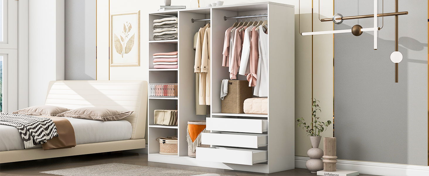 Doorless Storage Wardrobe For Dedroom With Shelves And 3 Drawers - White