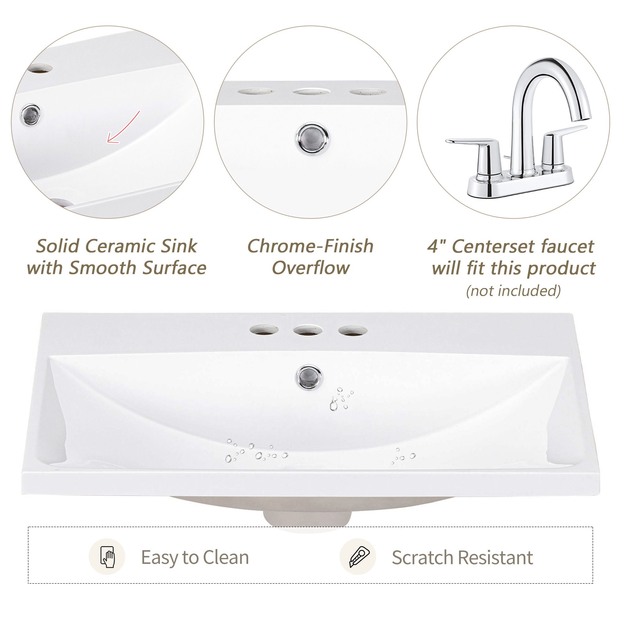 Bathroom Vanity Top, Rectangular Undermount Sink With 3 Faucet Holes, 4" Centerset Compatible - White