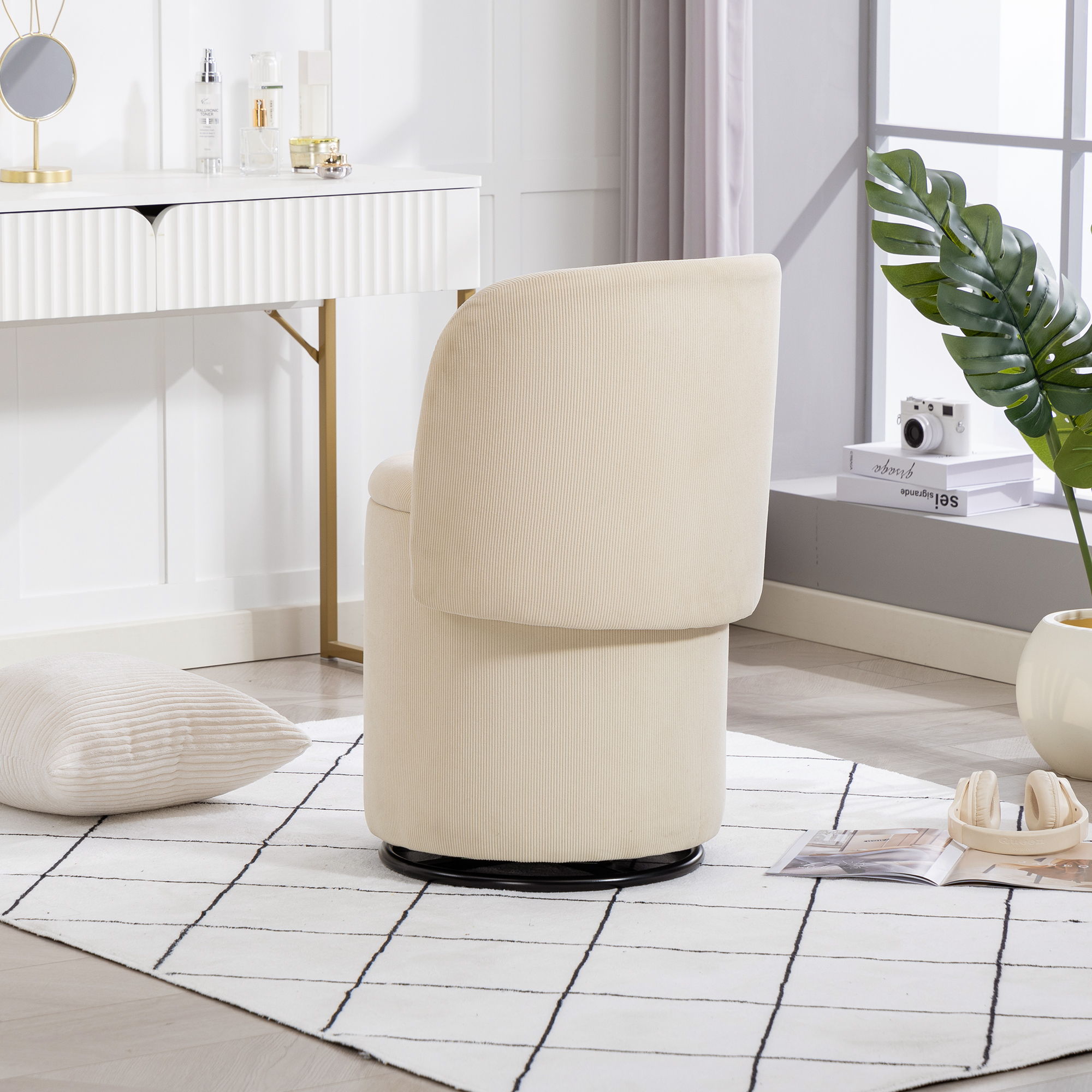 Barrel Chair, Built In Storage, 360° Swivel - Beige