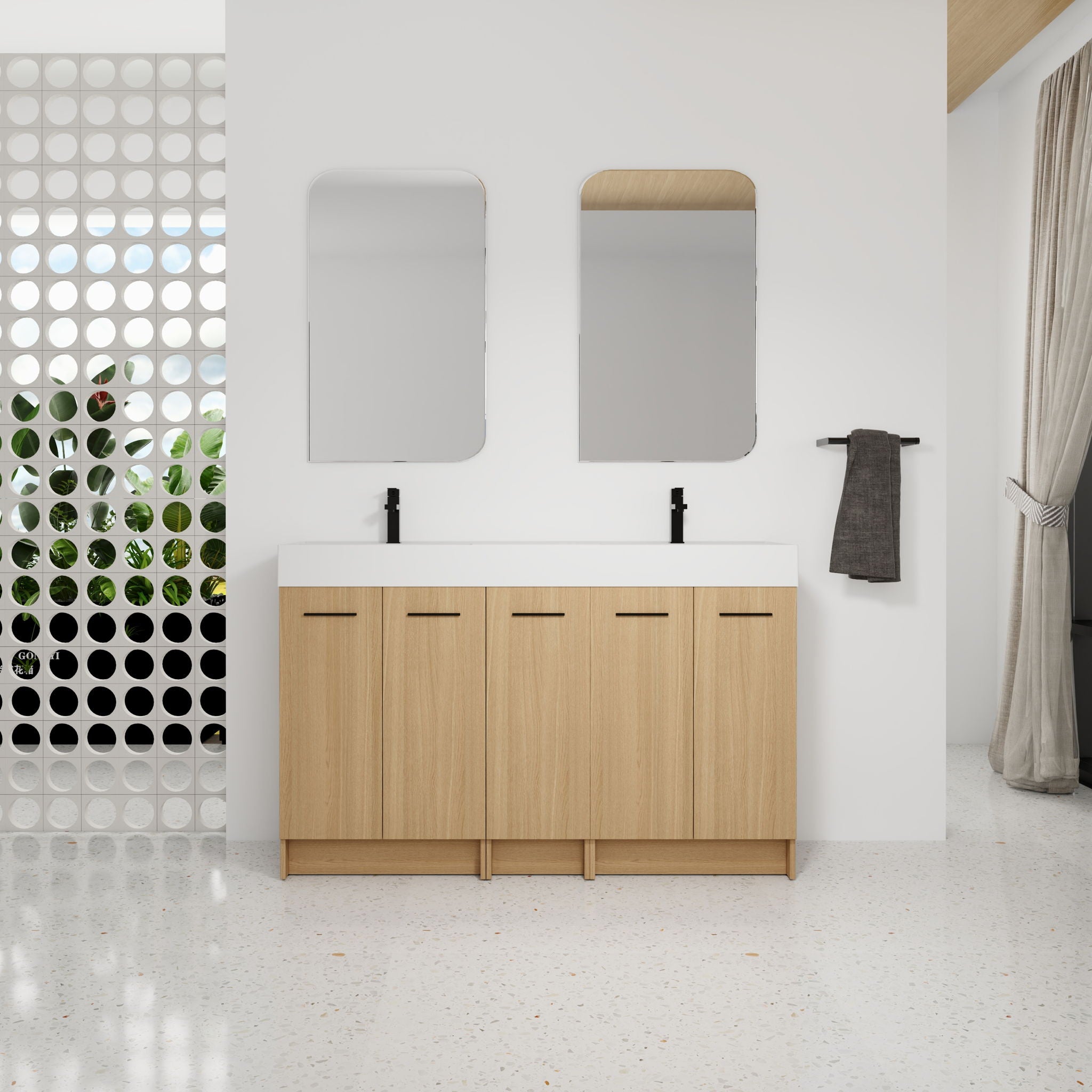 Double Sink Bathroom Vanity With Extra Large Storage, Integrated Sink, Freestanding Cabinet, Soft Close Doors - Glossy White / Light Oak
