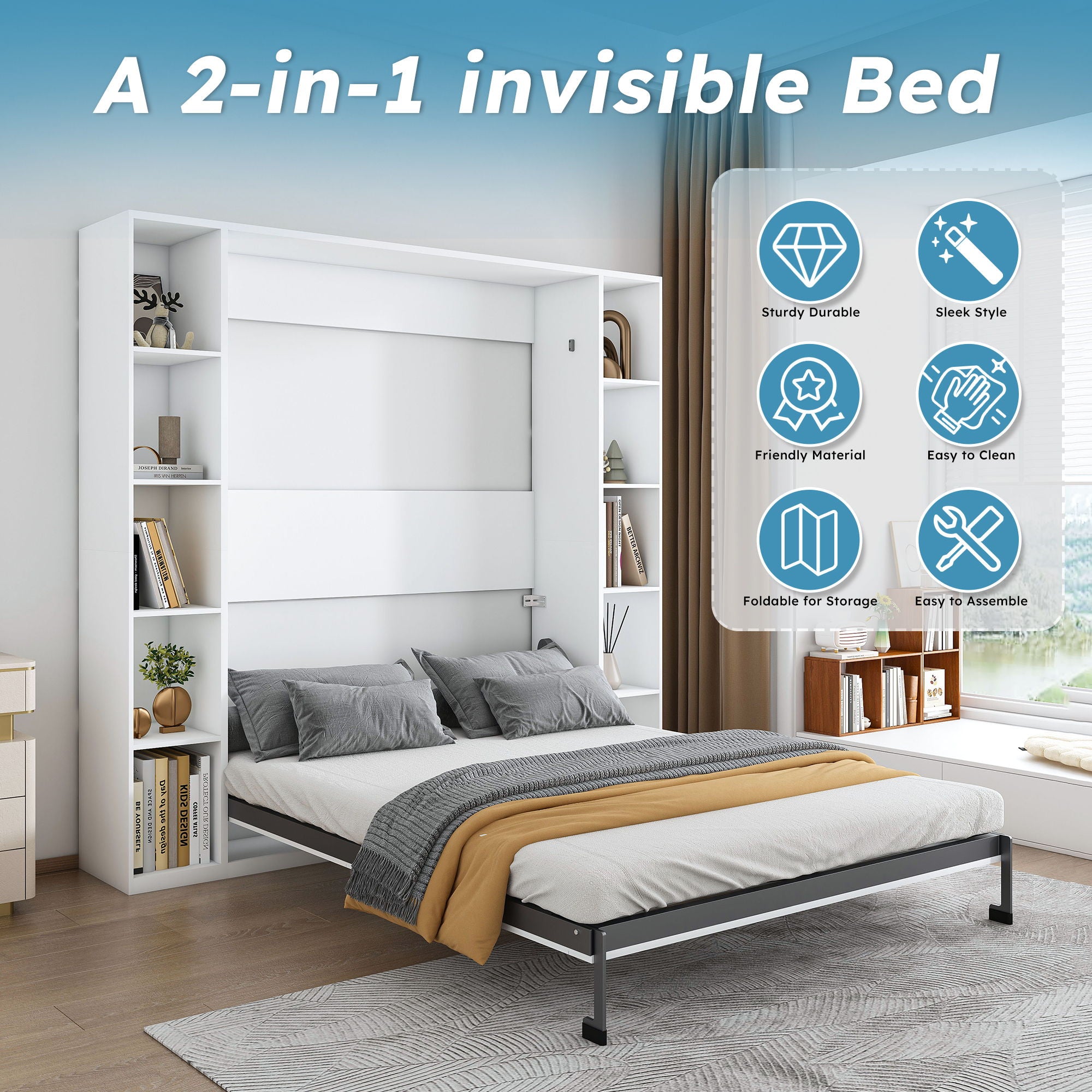 Queen Murphy Bed With Storage Cabinet, Foldable Wall Bed For Bedrooms - White