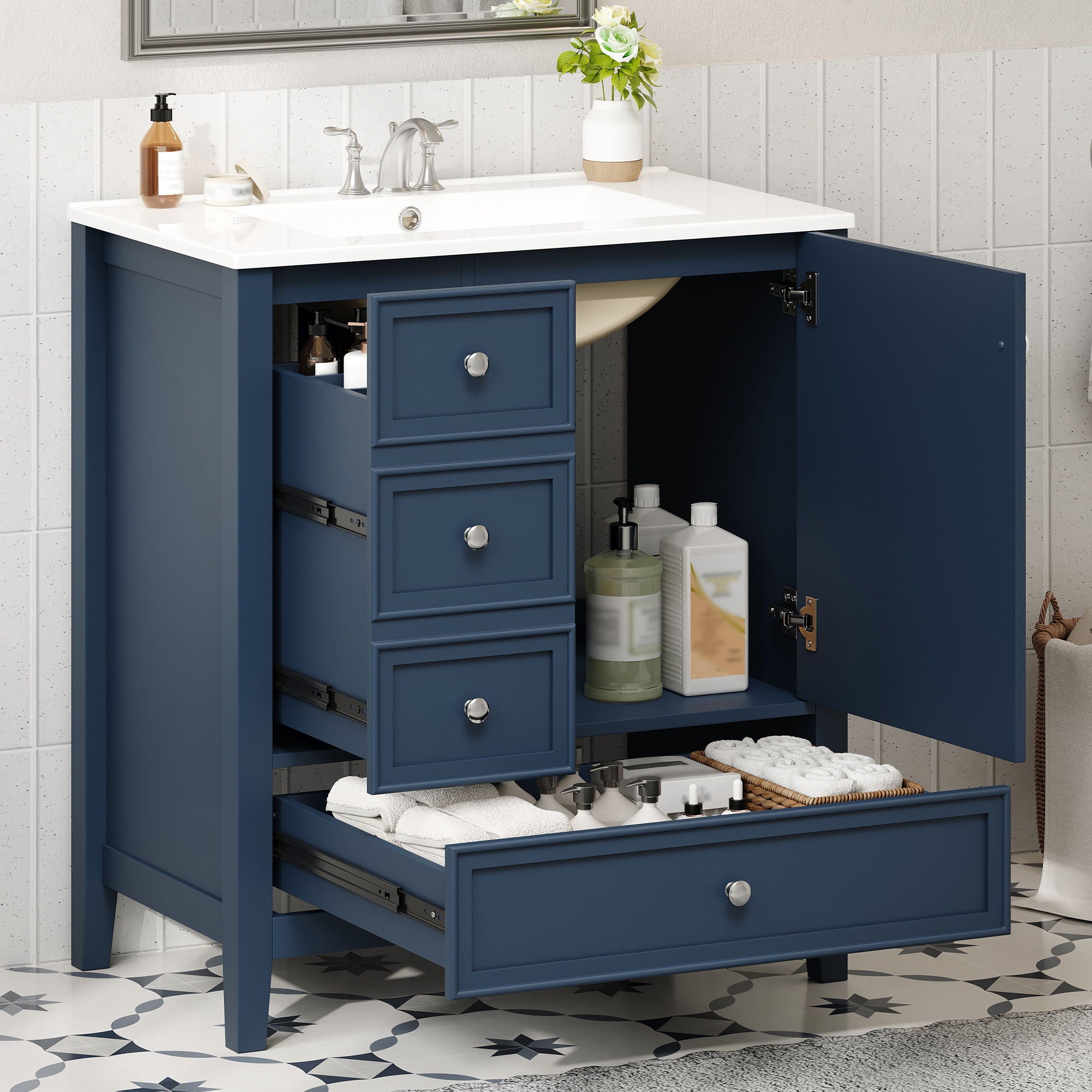 Modern Bathroom Vanity With Sink, 1 Cabinet & 3 Drawers