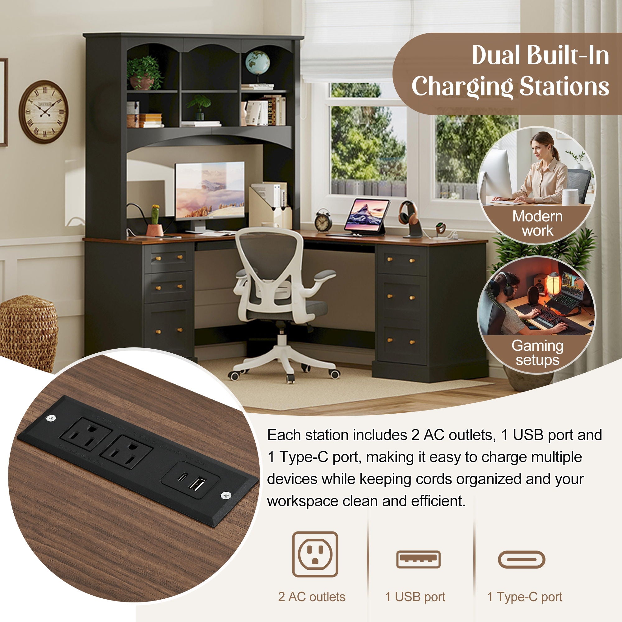 Space Saving L-Shaped Computer Desk With Keyboard Tray & Charging Stations