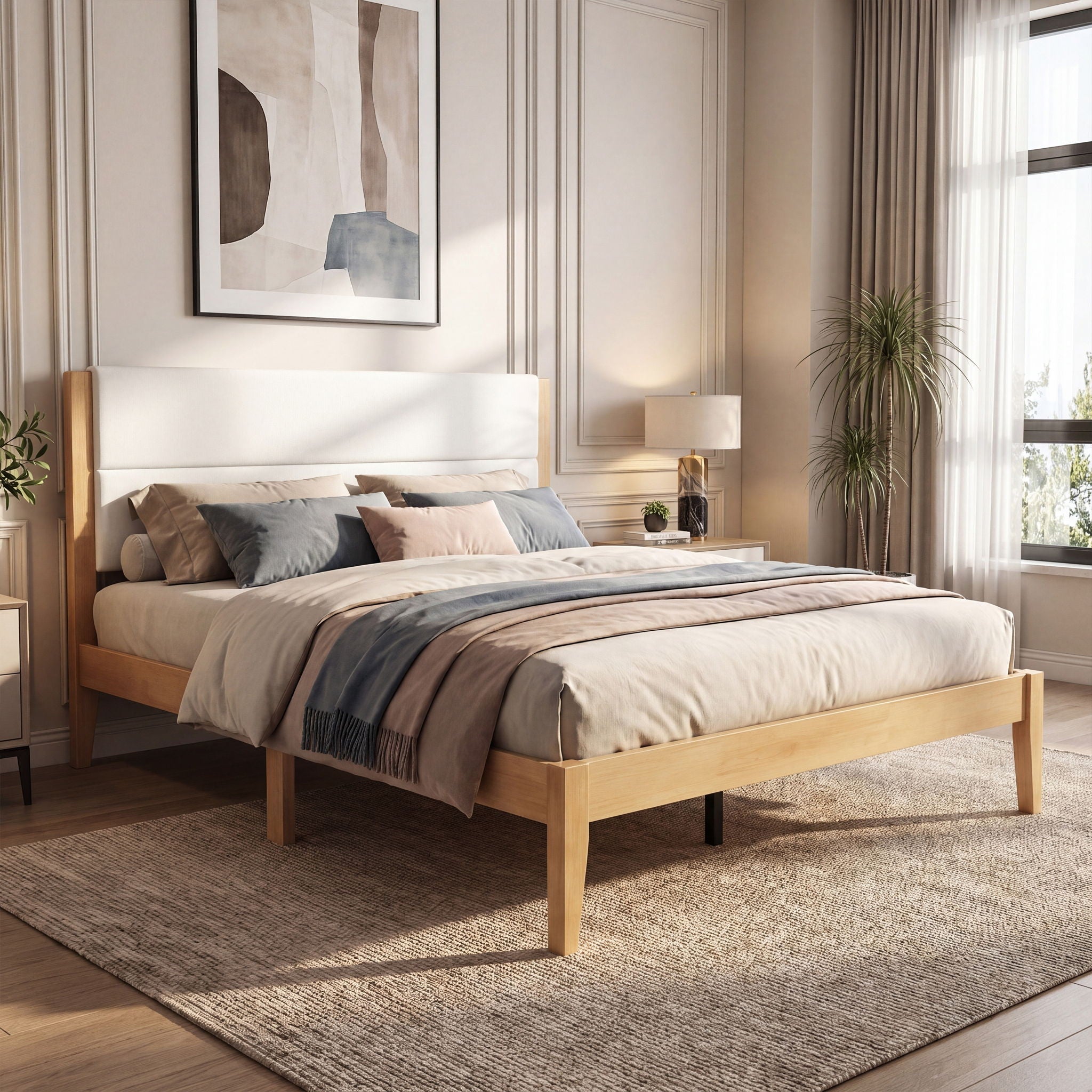 Platform Bed Frame With Upholstered Headboard, Slat Support