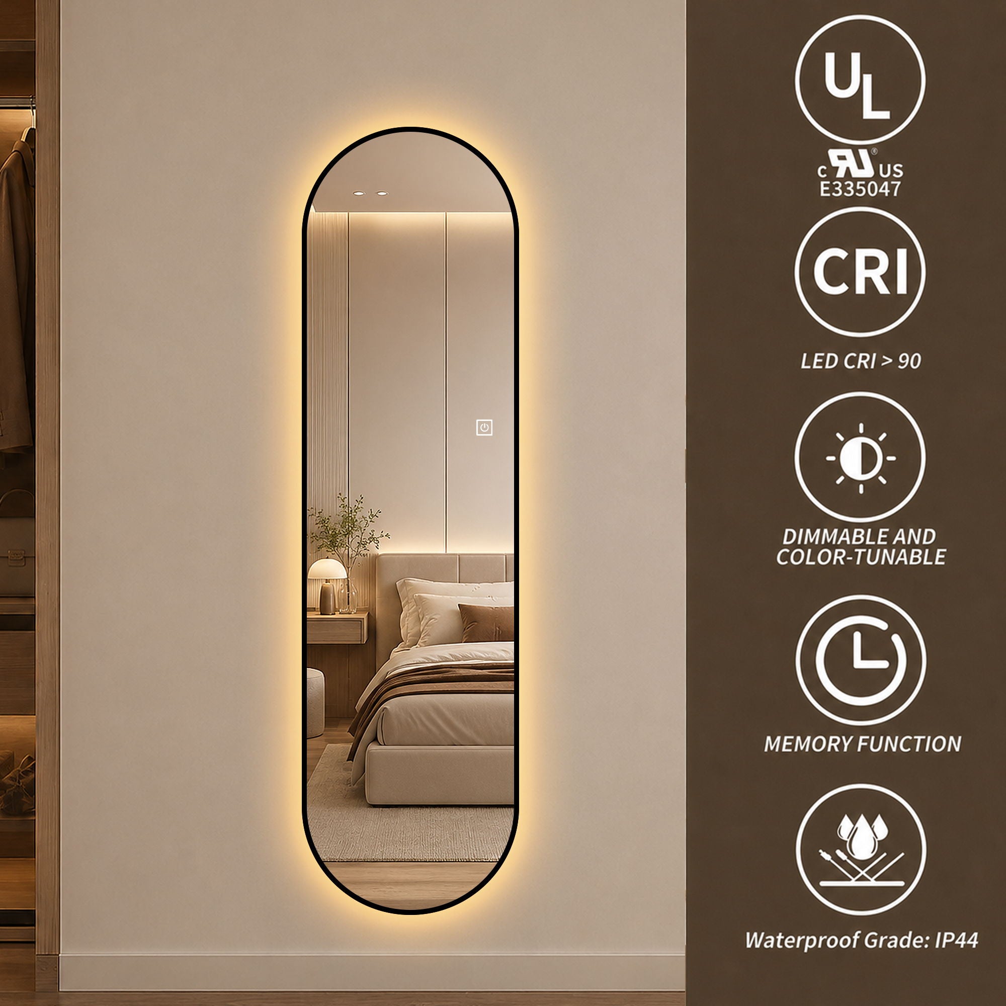 Capsule Shaped Dimmable LED Full Length Wall Mirror With Frame - Silver
