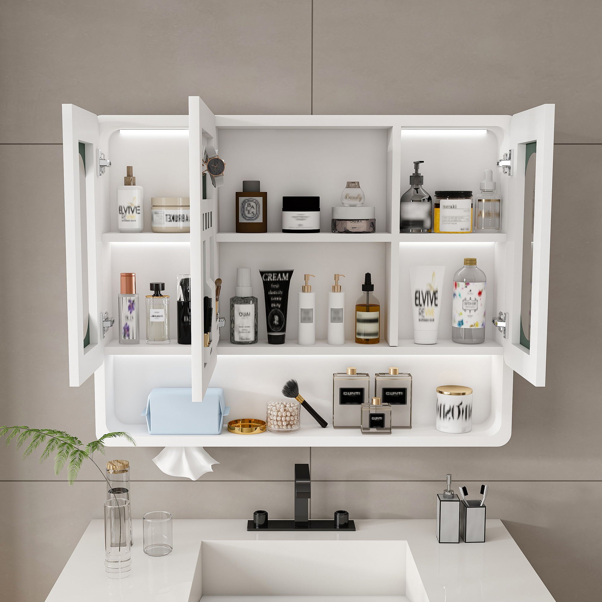 Wall Mounted Bathroom Mirror Cabinet With LED Lights, Anti Fog & Explosion Proof, Touch Control Medicine Cabinet, 3 Color Lighting - White