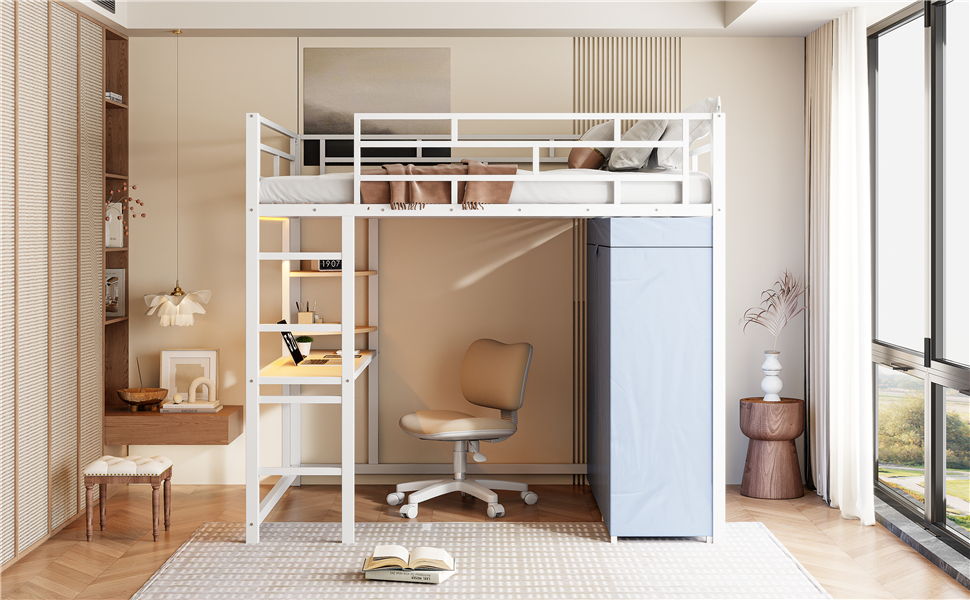 Full Size Loft Bed With Desk, Shelves, Power Outlet, LED Light And Wardrobe - White