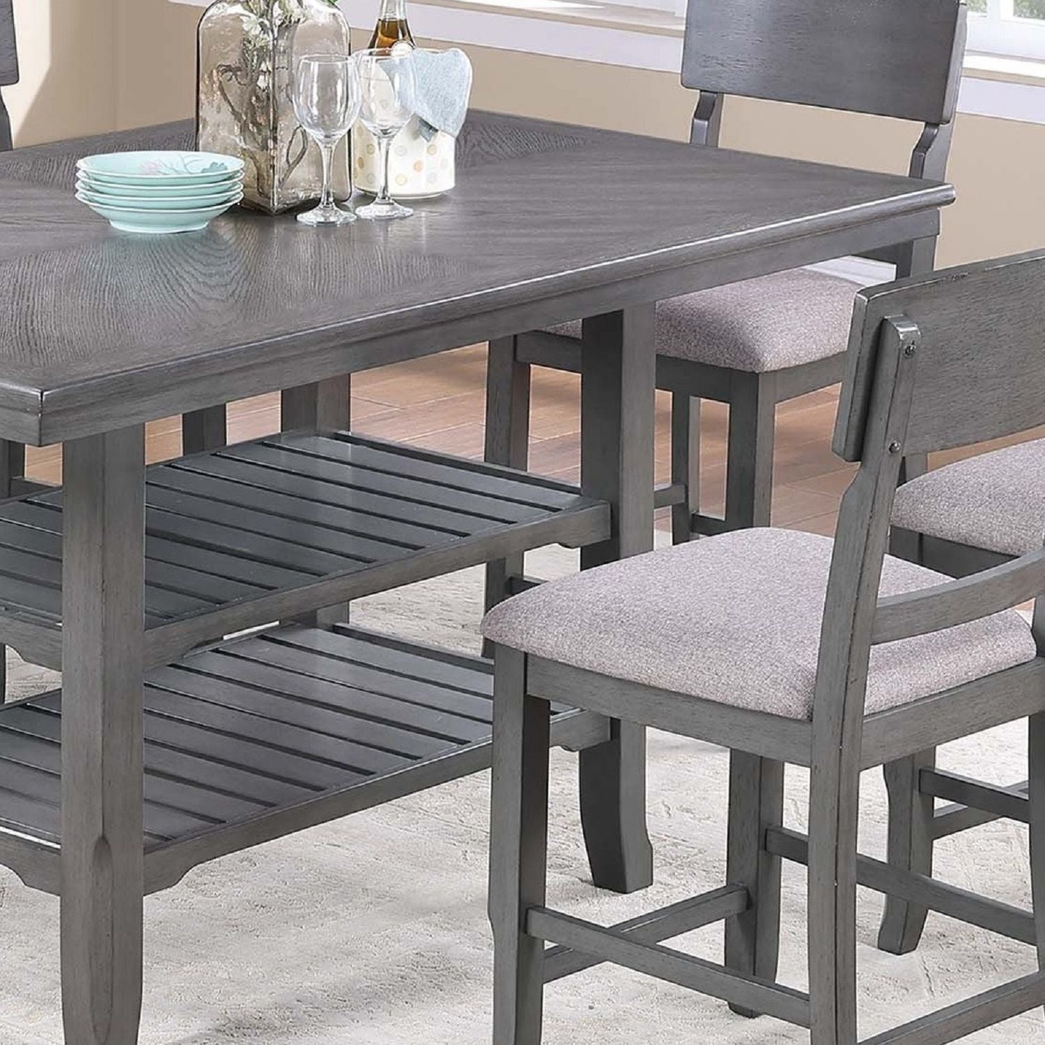 7 Piece Counter Height Dining Set With Storage Shelves, Table & 6 High Chairs - Gray