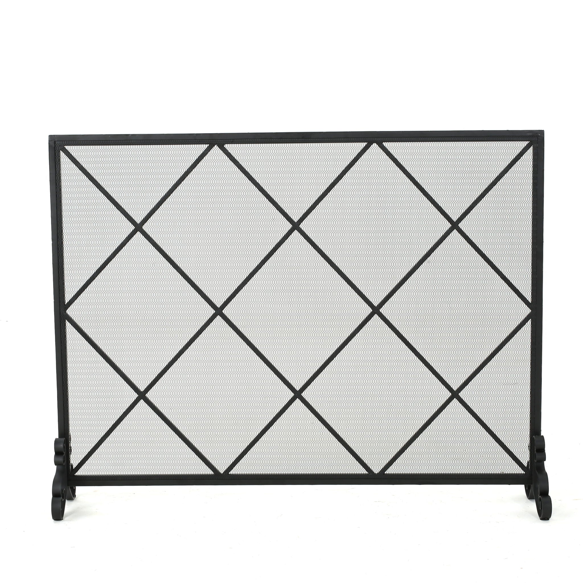 Minimalist Single Panel Iron Fireplace Screen With Diamond Design - Black