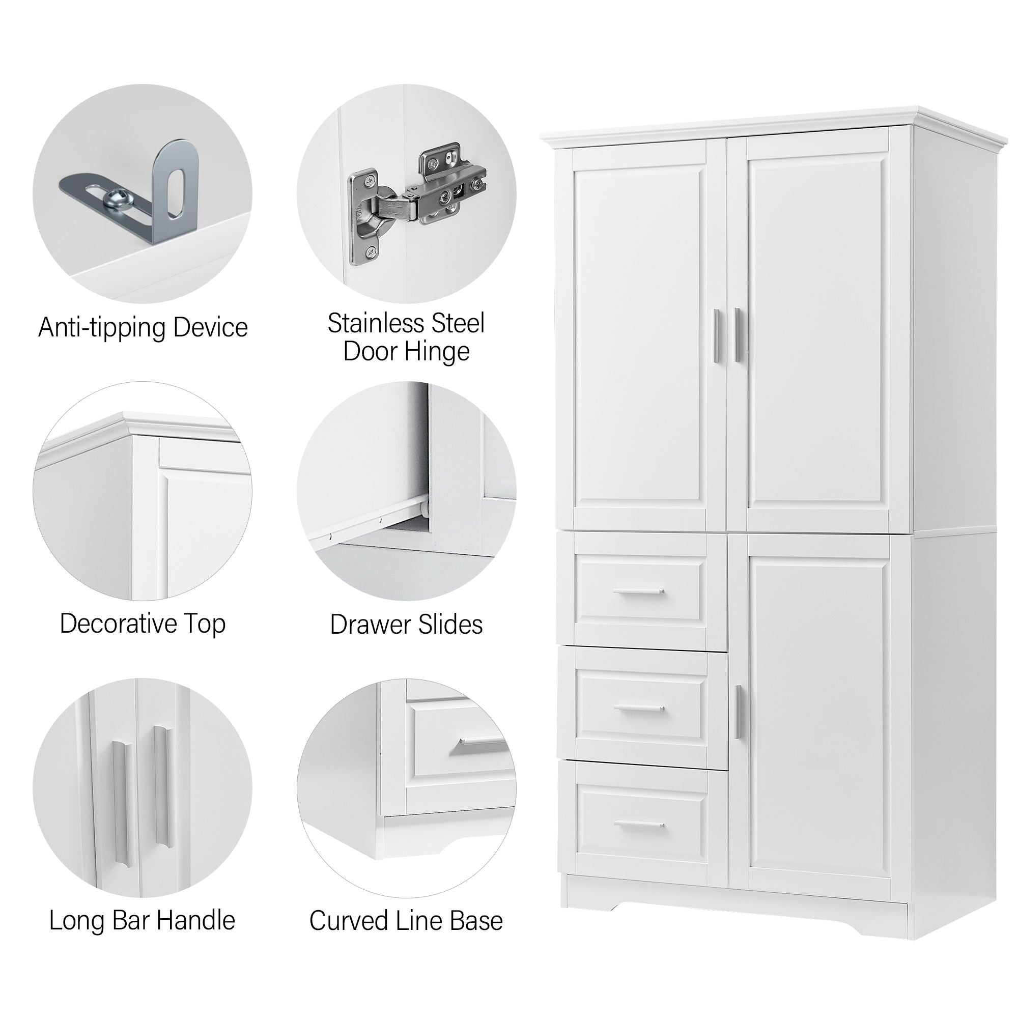 Tall And Wide Storage Cabinet With Doors, 3 Drawers