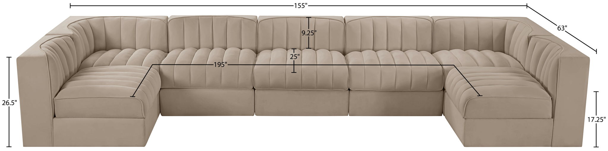 Rummi - Velvet Performance Fabric Upholstered 7 Piece Modular Sectional (With 2 Corner Chairs)