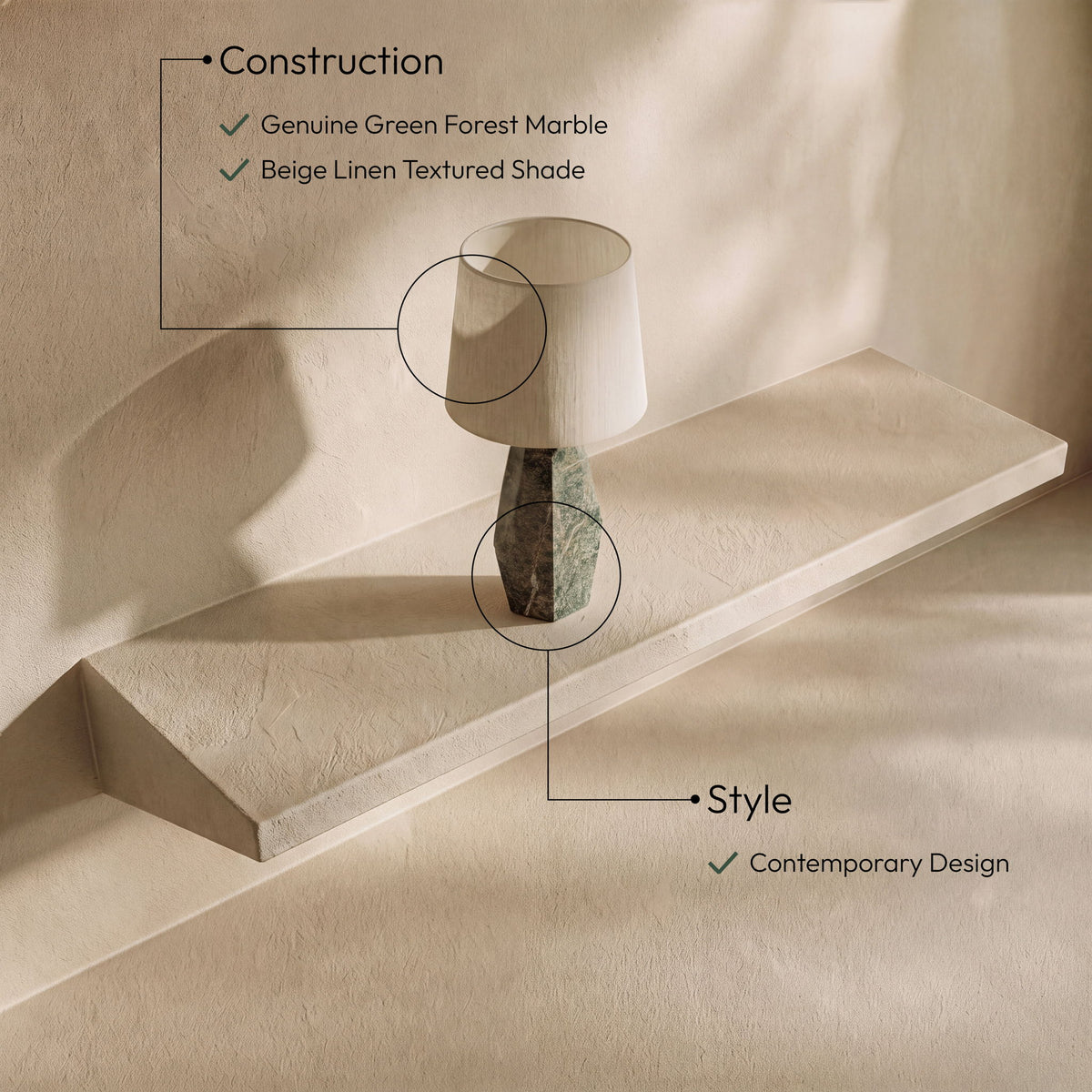 Seraphine - Genuine Marble And Linen Textured Fabric Table Lamp