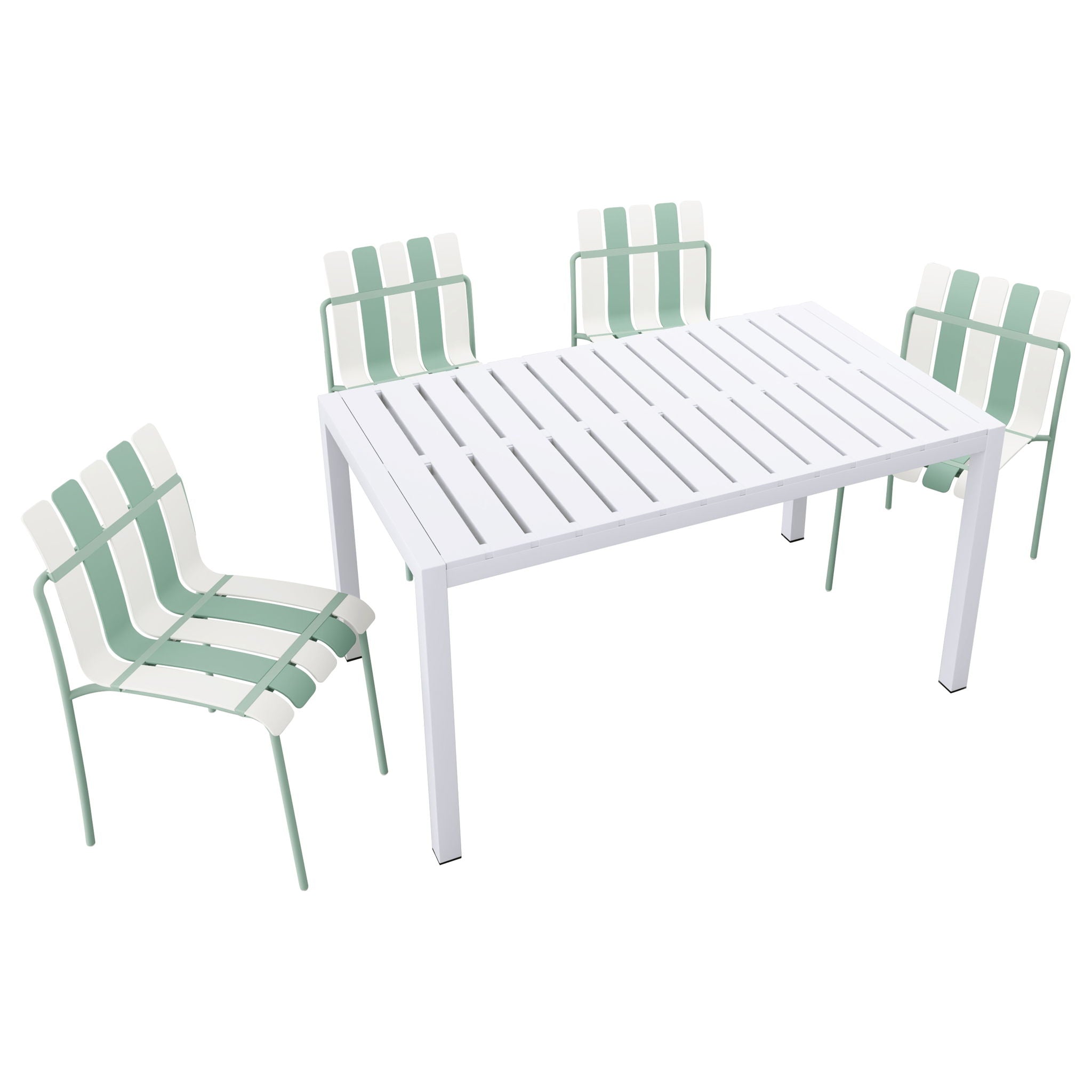 4 Piece Set Of Striped Color Blocking Single Chairs With Long Table - Cream White / Haze Green / White