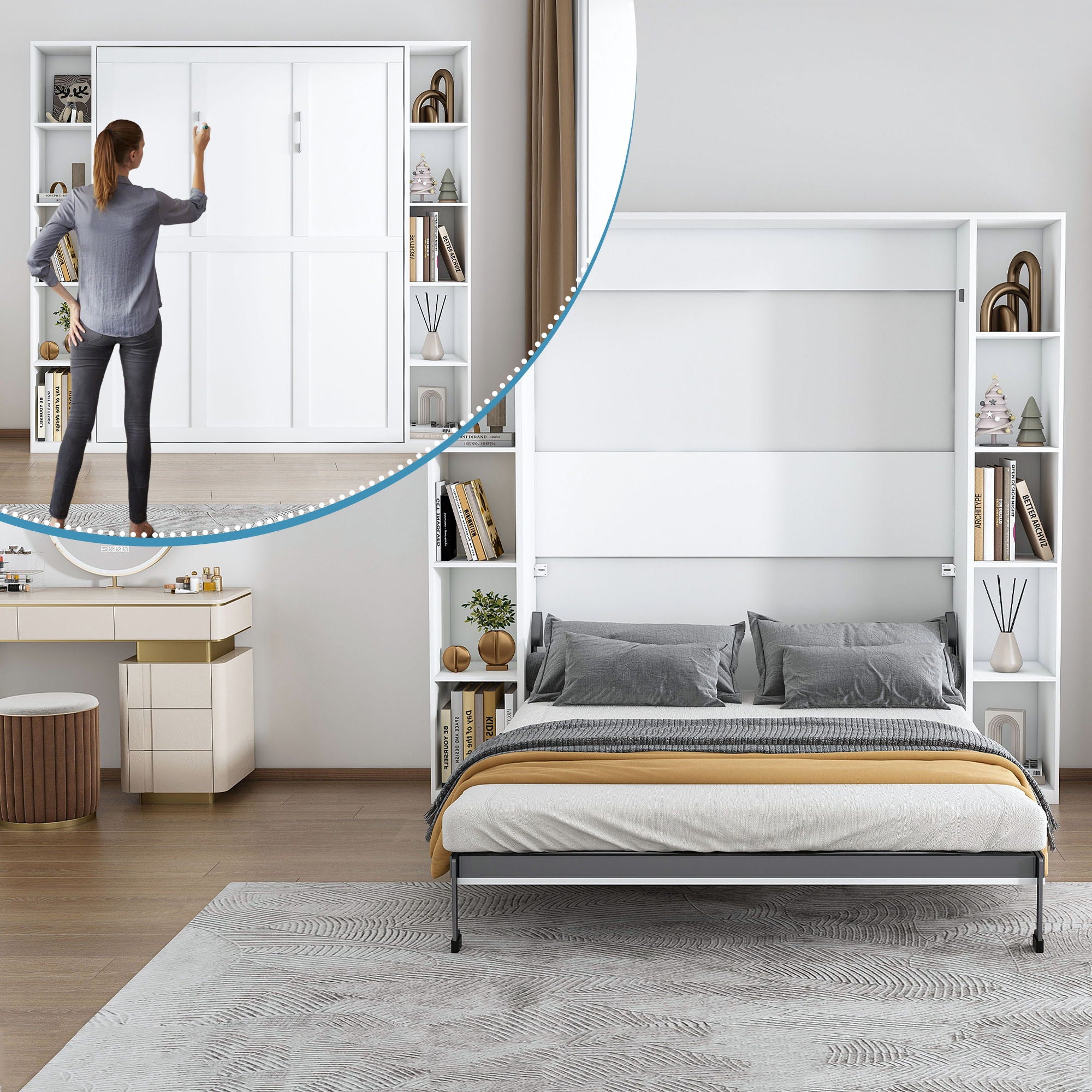 Queen Murphy Bed With Storage Cabinet, Foldable Wall Bed For Bedrooms - White