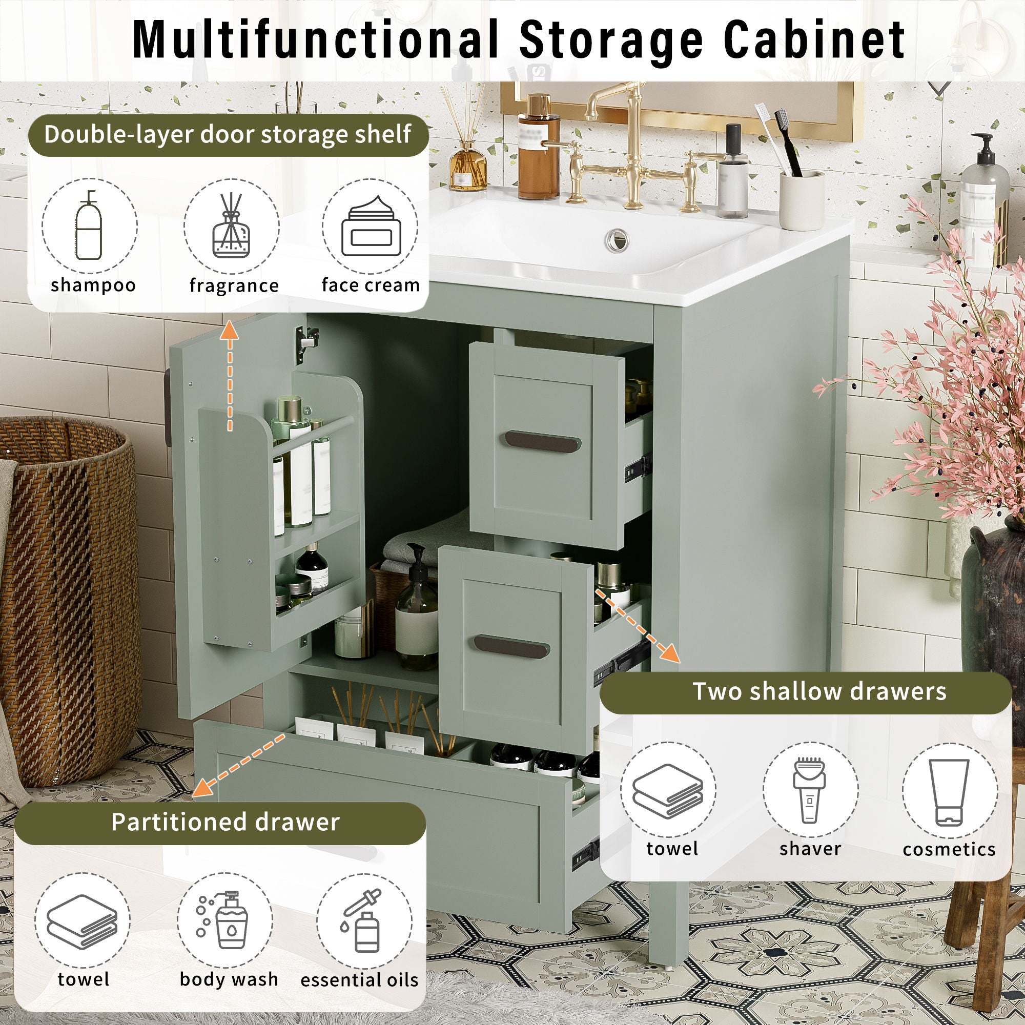 Bathroom Vanity With Sink, Soft-Close Doors, Double-Layer Shelf And 3 Drawers