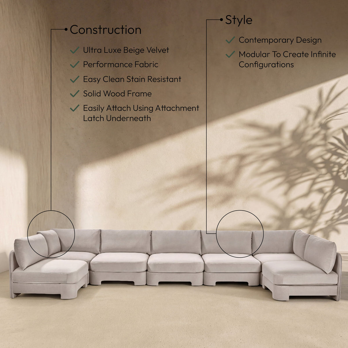 Hammond - Velvet Performance Fabric Upholstered 7 Piece U-Shaped Armless Sectional