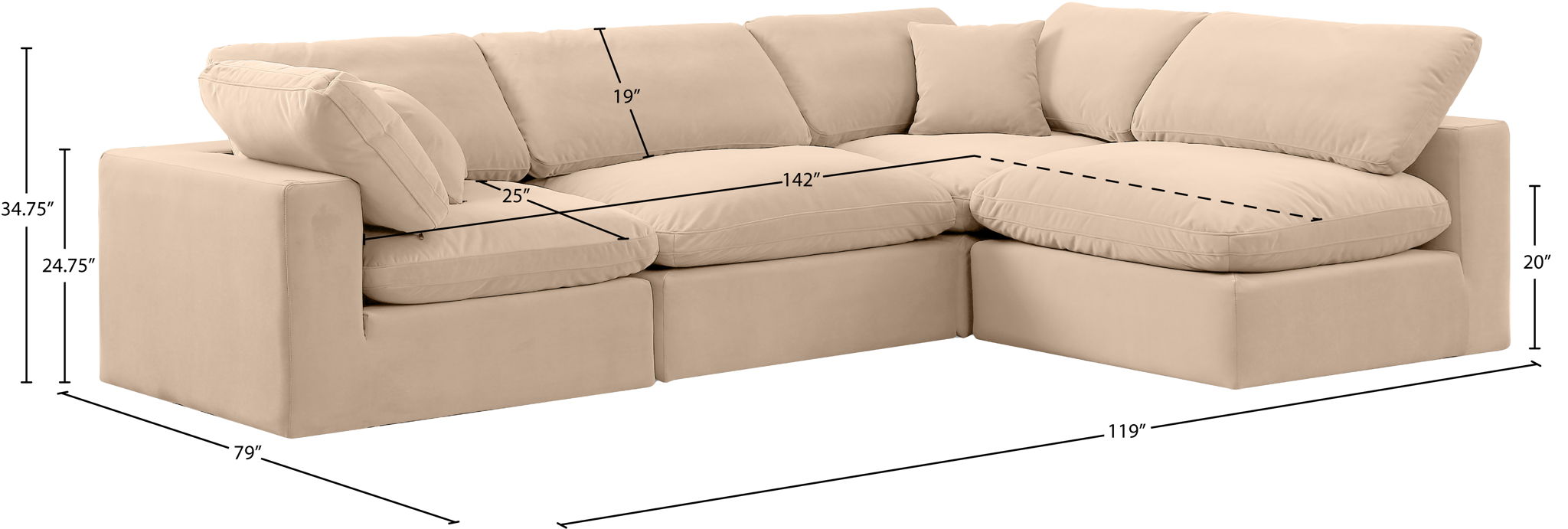 Comfy - 4 Piece Velvet Modular Armless Sectional