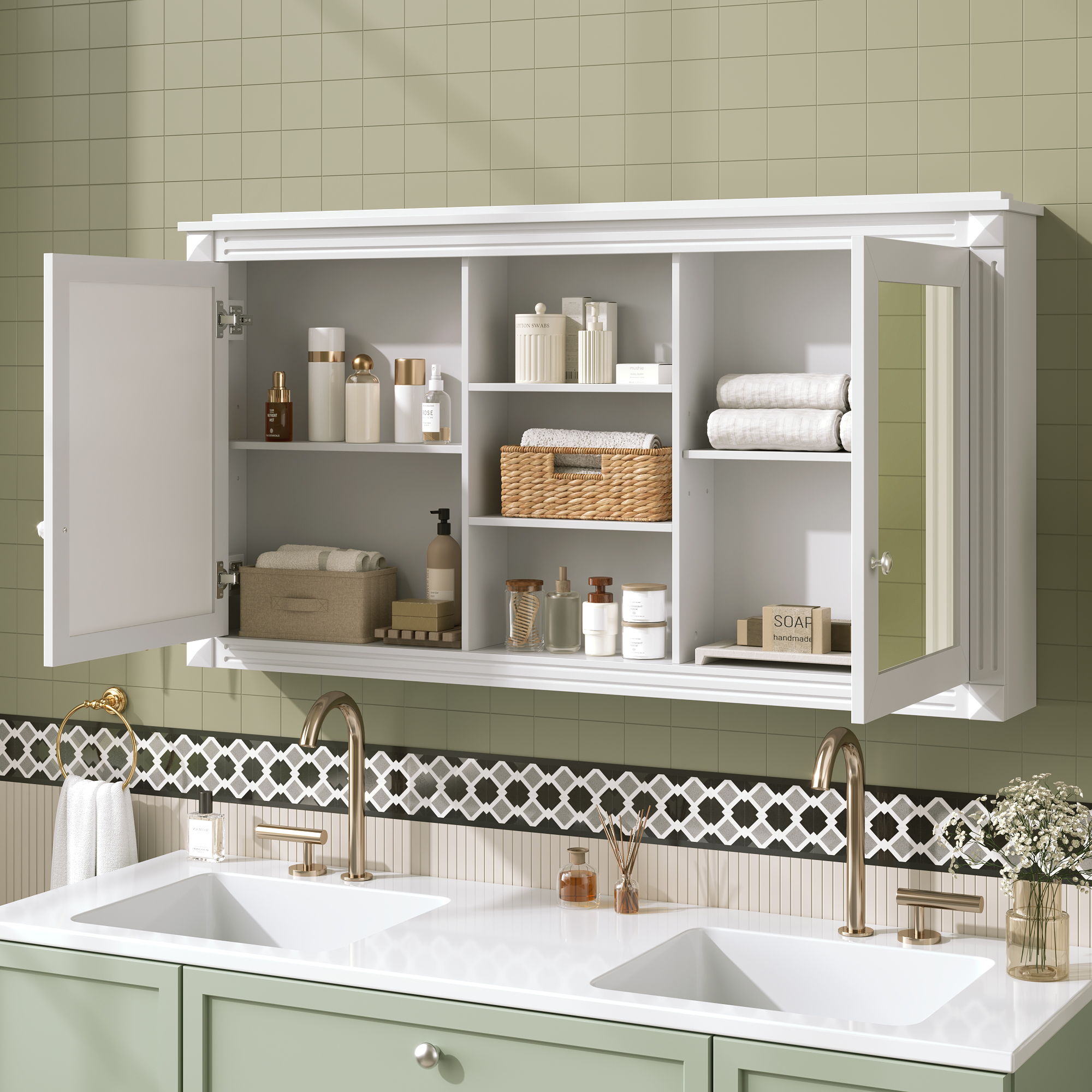 Modern Wall-Mount 2 In 1 Mirror Cabinet With Adjustable Shelves, Soft-Closing Hinges