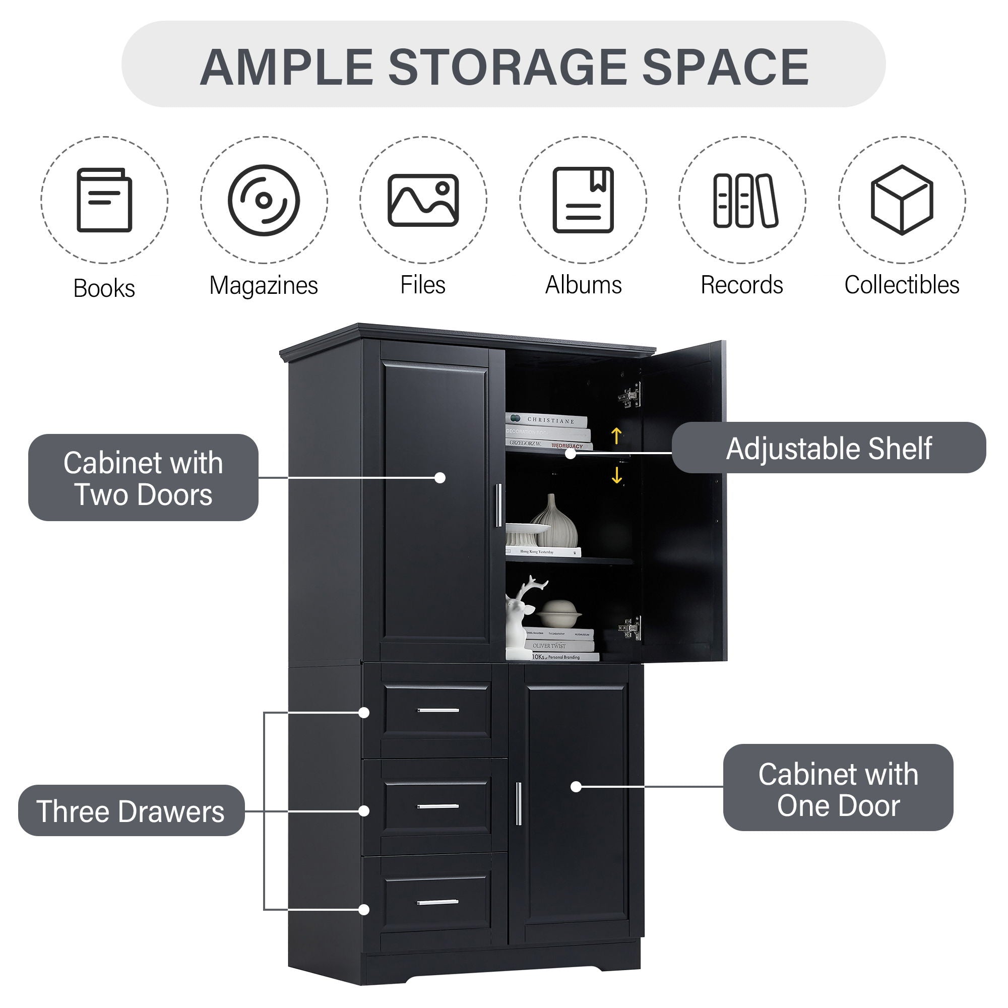 Tall And Wide Storage Cabinet With Doors, 3 Drawers