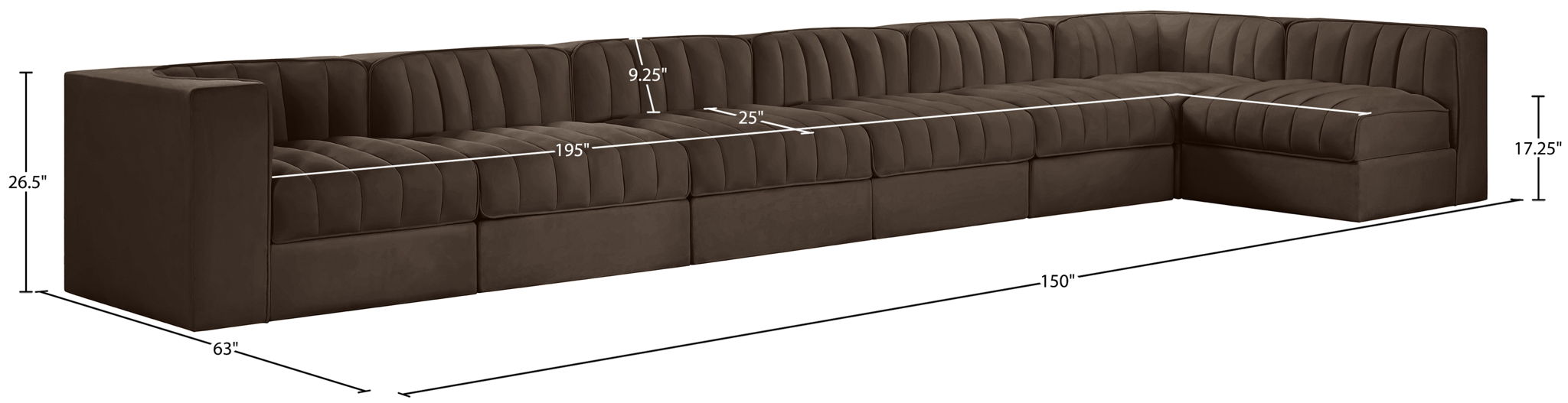 Rummi - Velvet Performance Fabric Upholstered 7 Piece Modular Sectional, L-Shaped (Right)