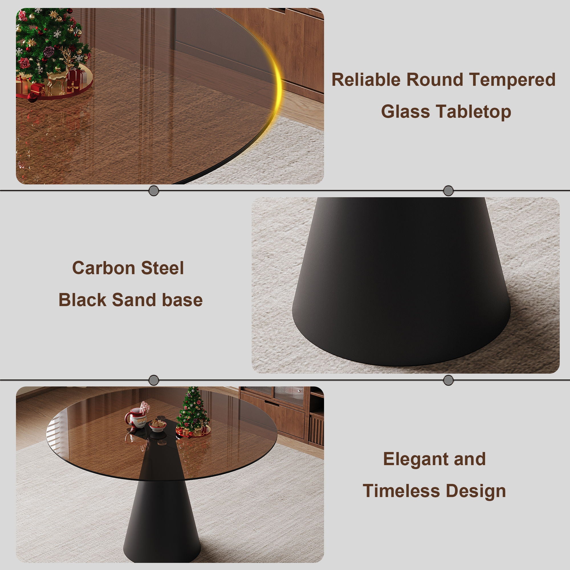 Round Dining Table & Tempered Glass Top - Black / Brown
