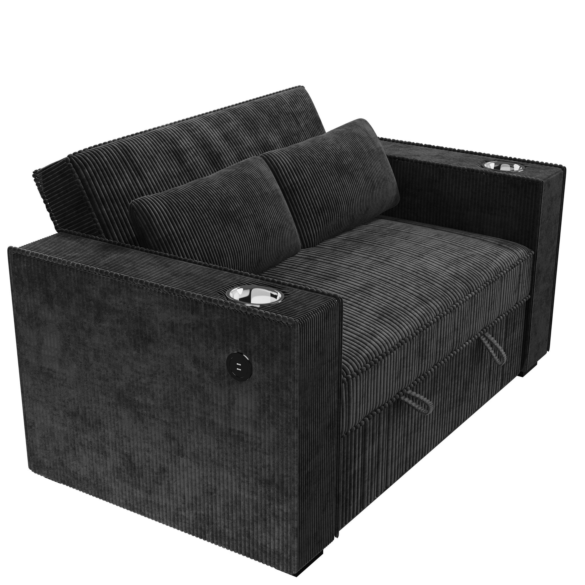 Modern Style Convertible Sofa With Pull-Out Bed, USB Ports & Cup Holders