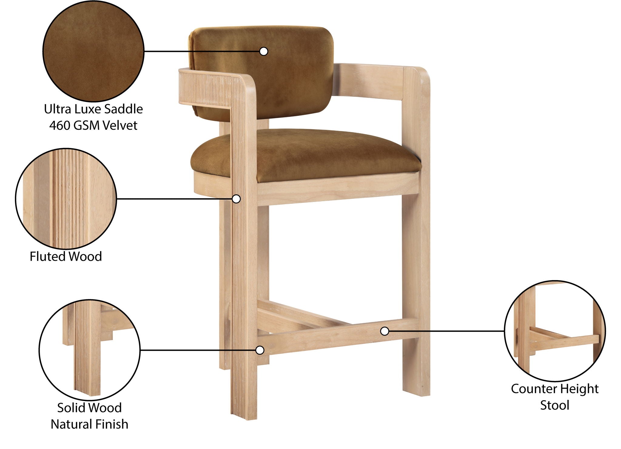 Sacha - Velvet Stool With Natural Base - Saddle