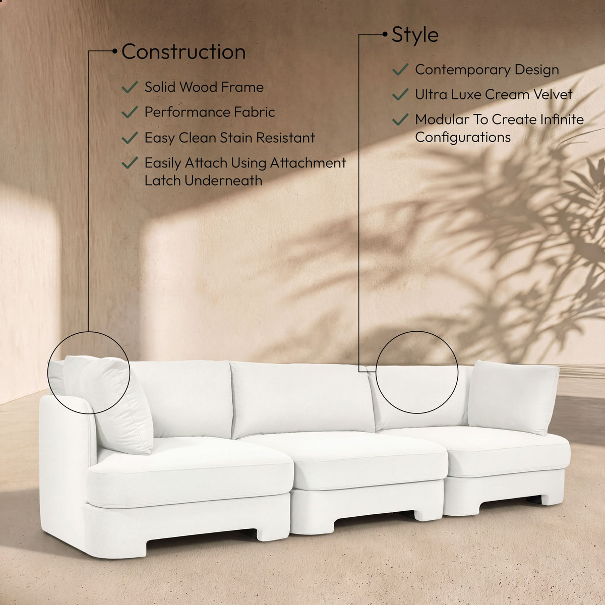Hammond - Velvet Performance Fabric Upholstered 3 Piece Sofa