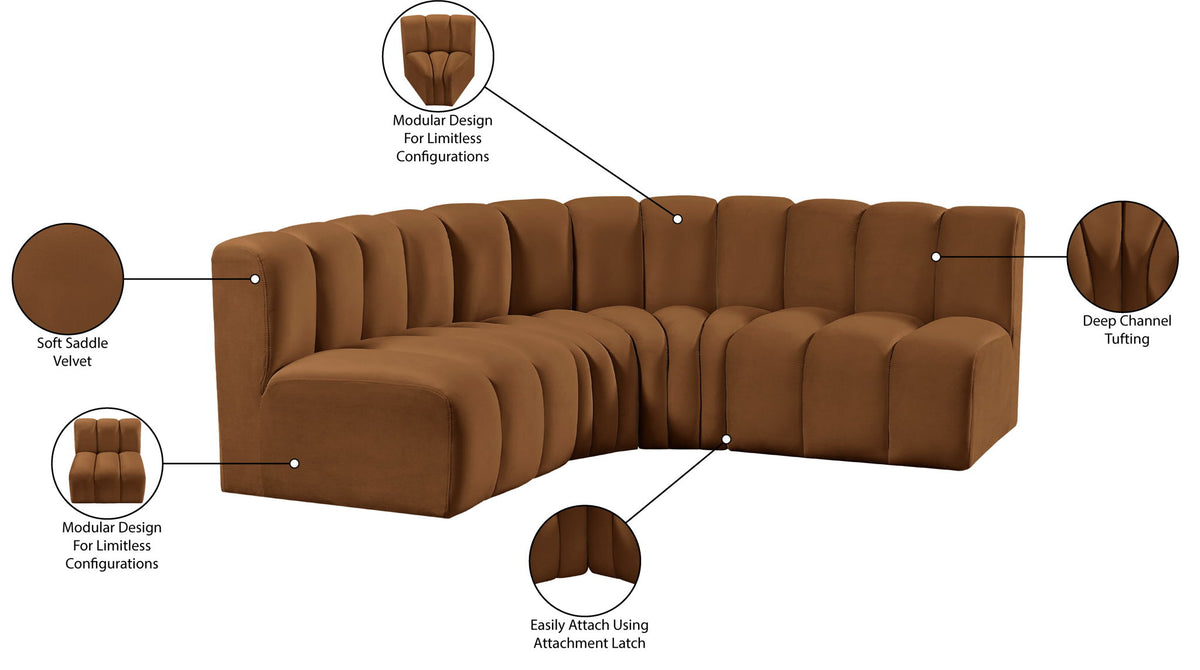 Arc - Velvet 4 Piece Corner Modular Sofa - Saddle