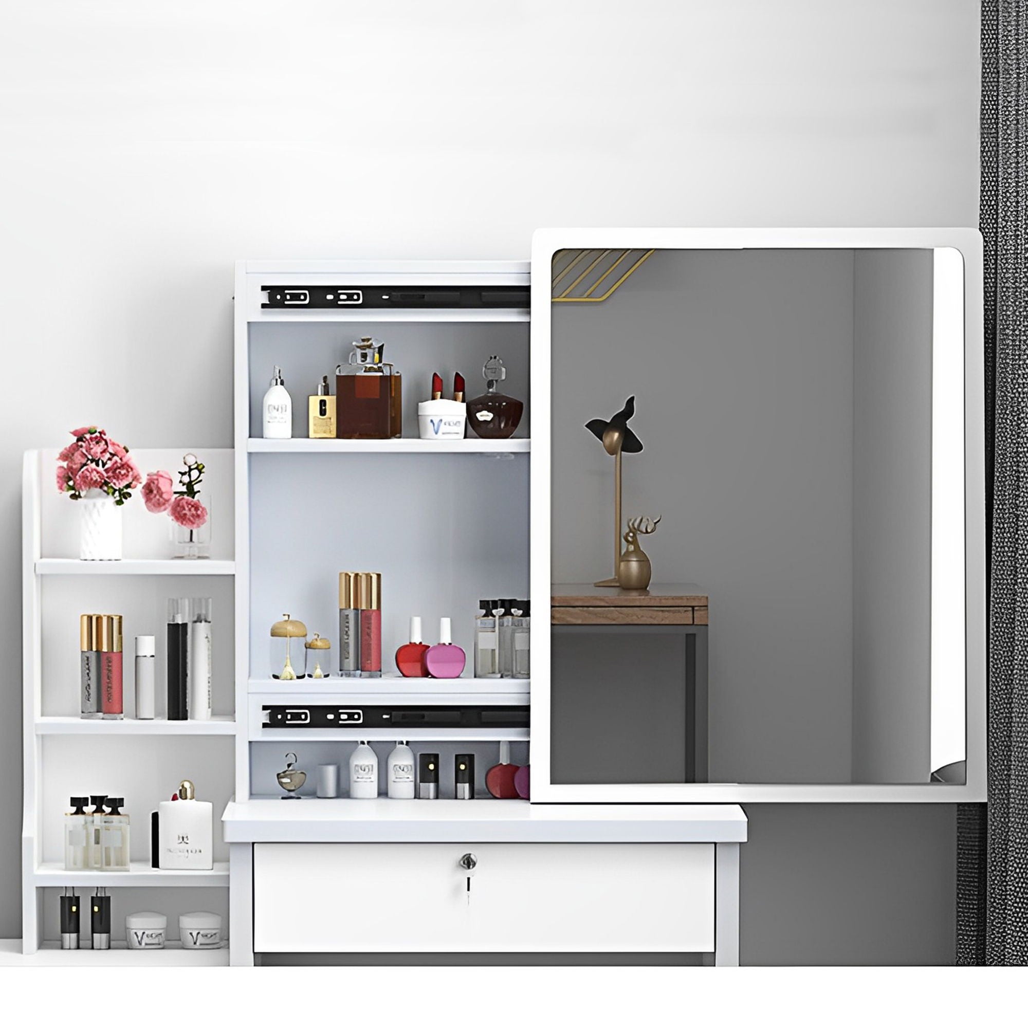 Vanity Desk With Mirror And Lights For Makeup And Chair Set With 3 Adjustable LED Lighting, 4 Drawers - White