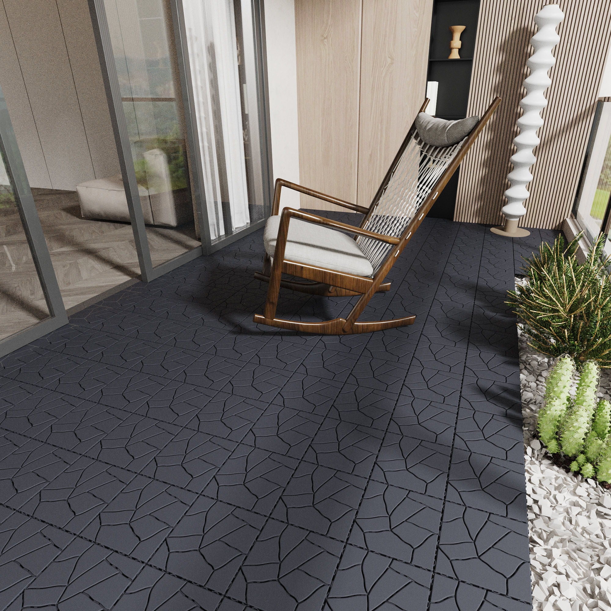 Stone Style Patio Deck Tiles For Porch (Set of 44) - Gray
