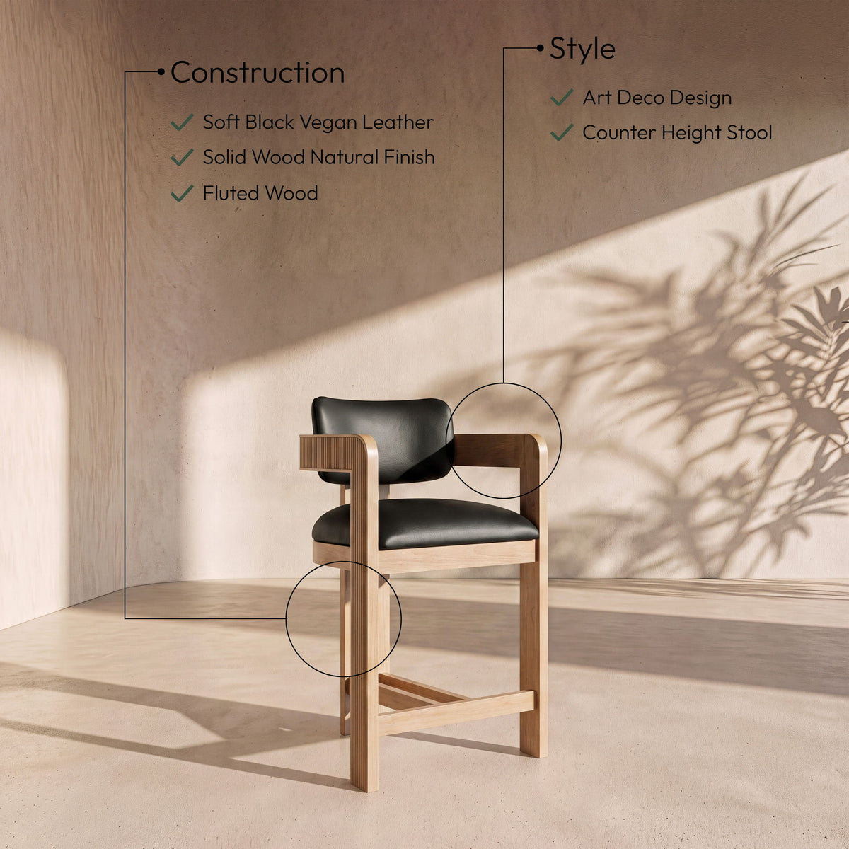 Sacha - Vegan Leather Upholstered Counter Stool With Natural Base