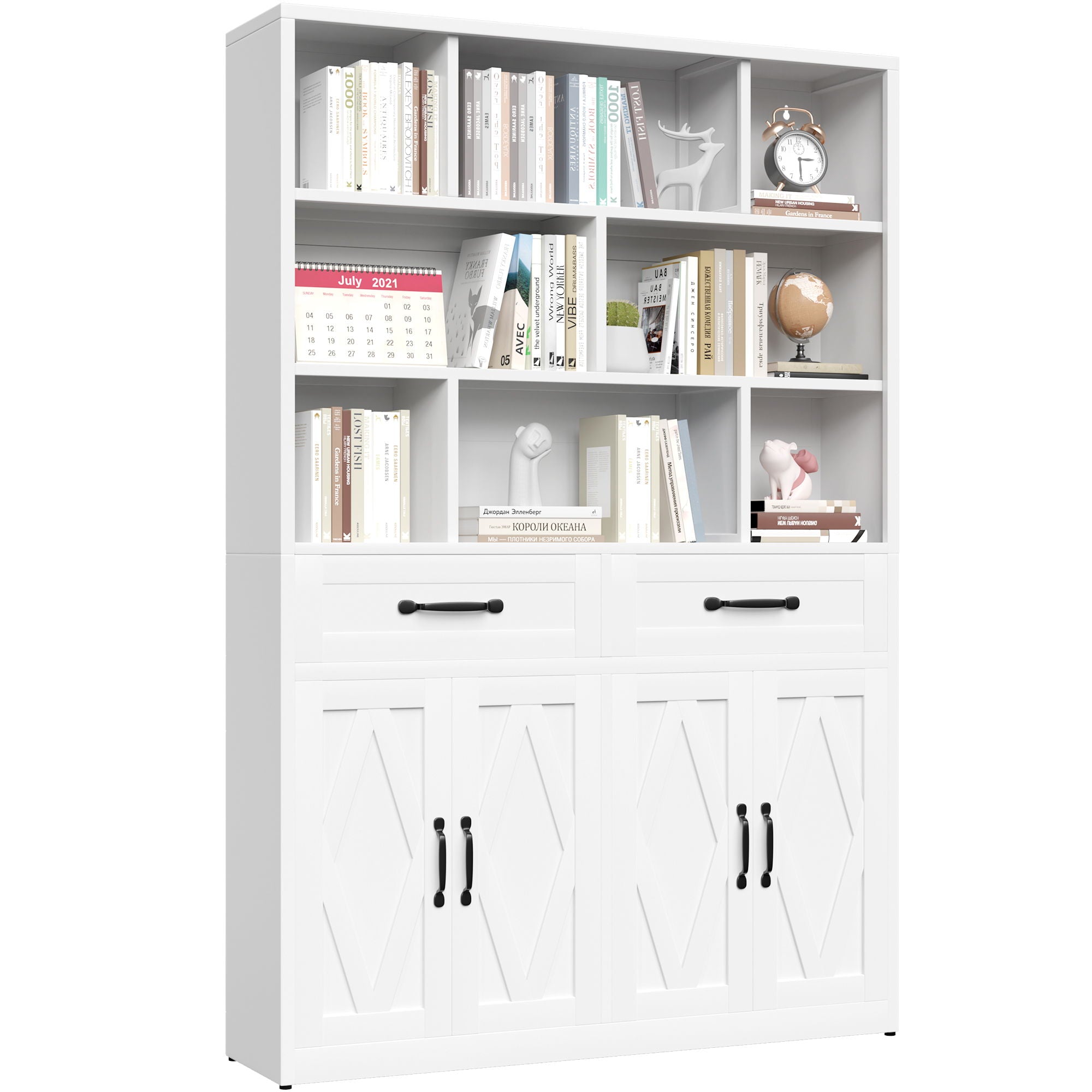 Bookcase Tall With 2 Doors & 2 Drawers, Fixed Open Shelves - White