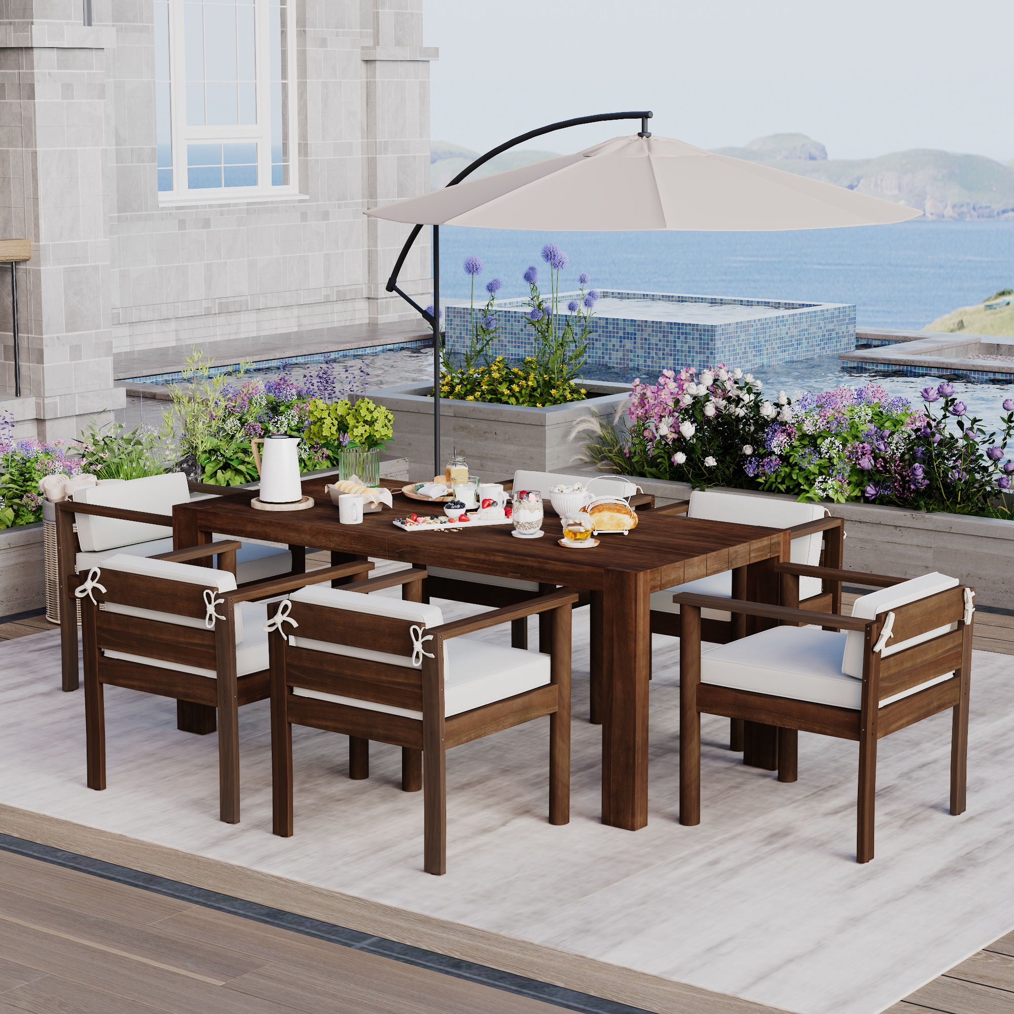 Rustic Patio Dining Set For 6 With Removable Cushions