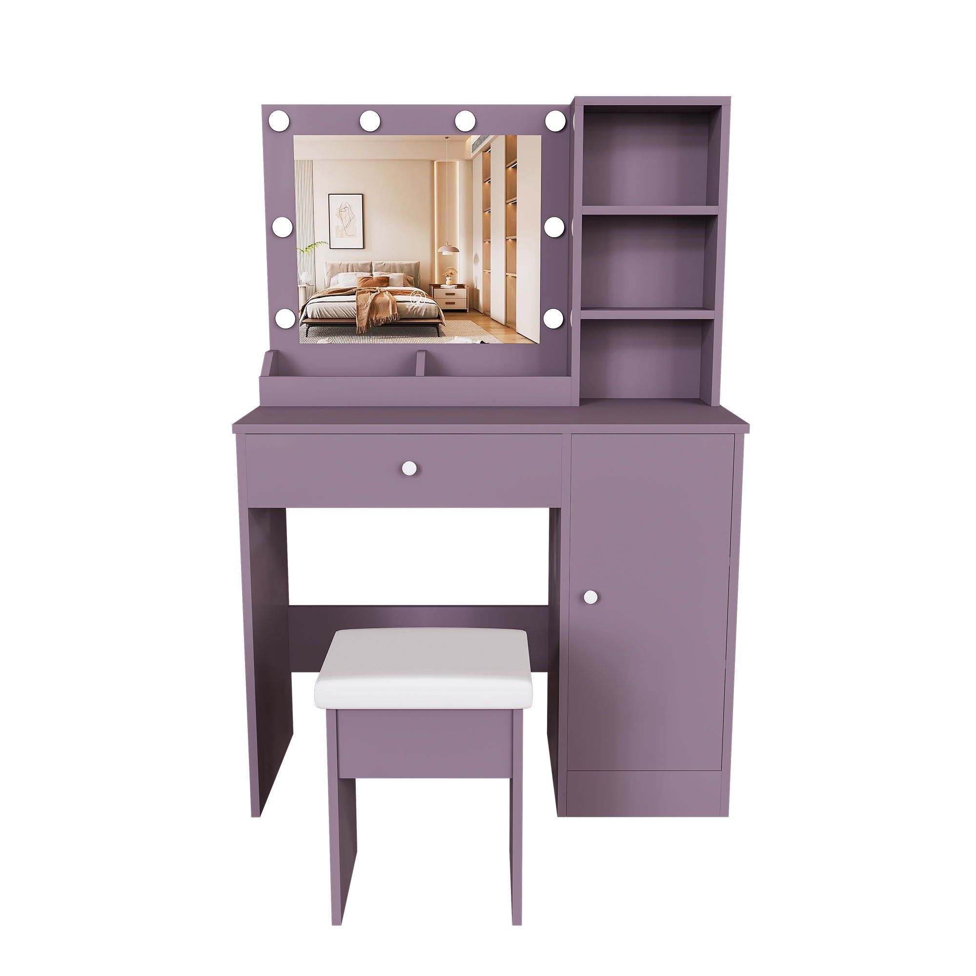 Vanity Desk Set With Padded Stool And Adjustable LED Mirror, 3 Color Light Modes - Purple