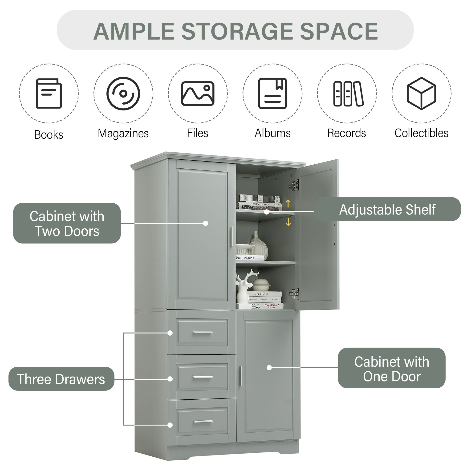 Tall And Wide Storage Cabinet With Doors, 3 Drawers