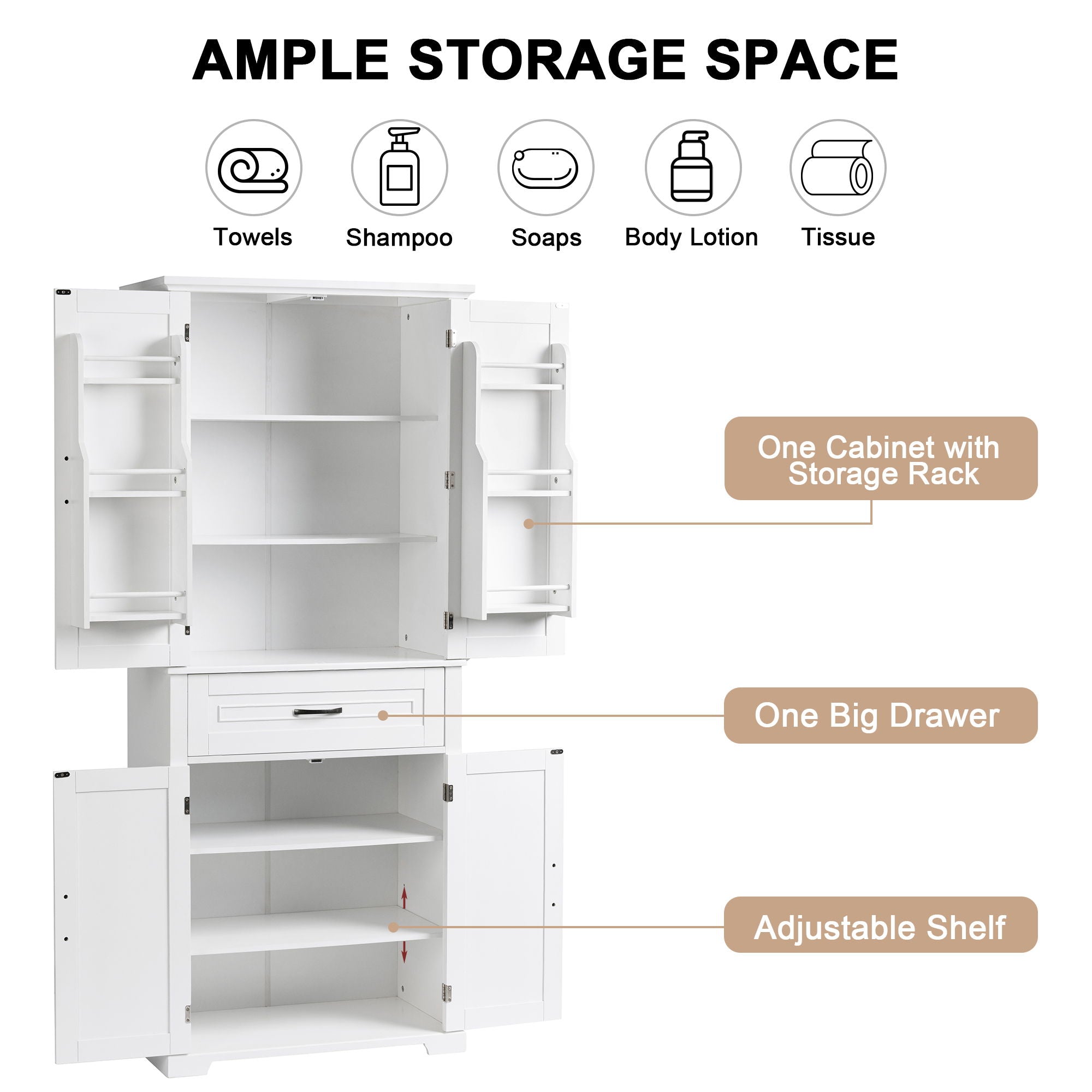 Bathroom Storage Cabinet With Doors And Drawer, Adjustable Shelf