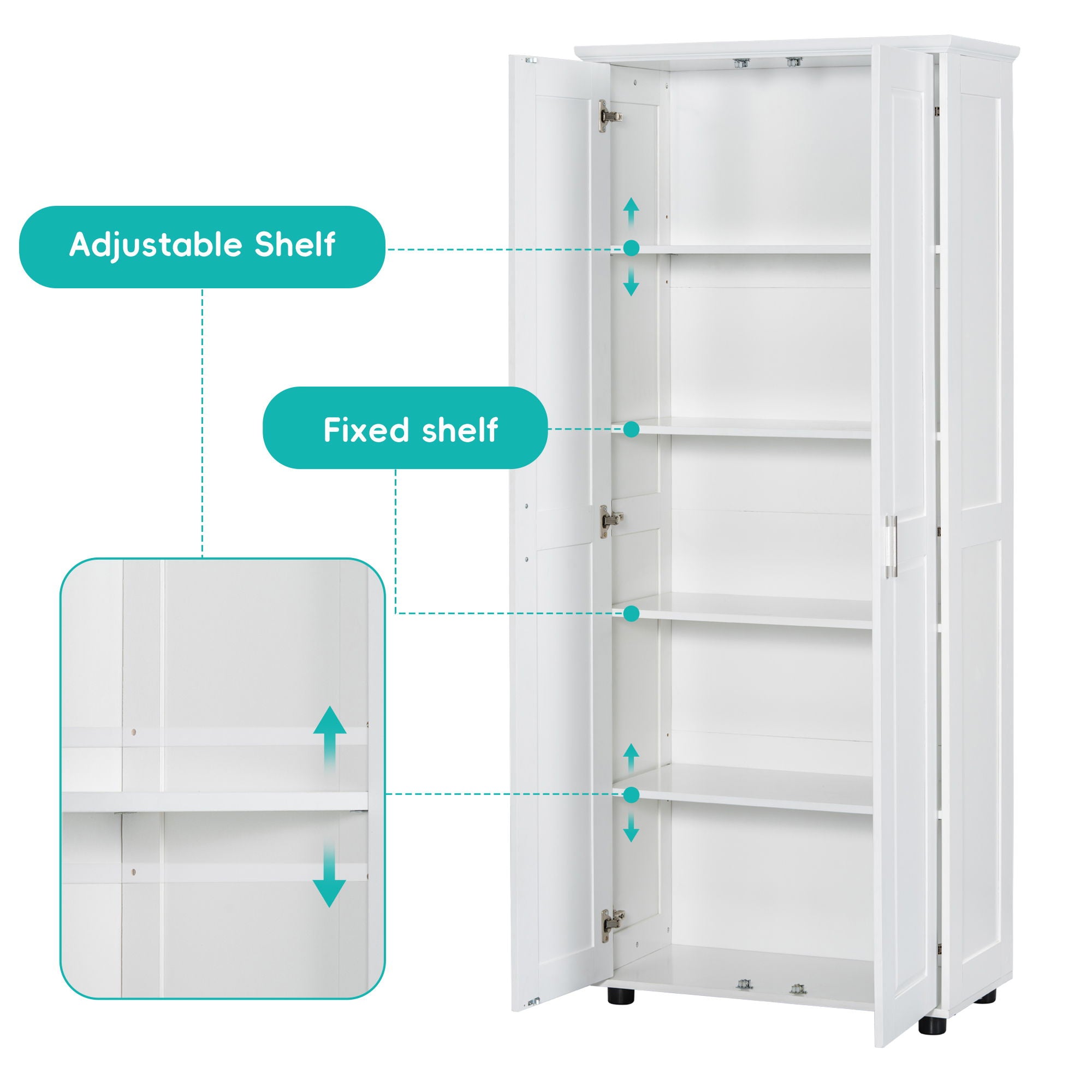 Storage Cabinet With Adjustable Shelves, 2 Doors, Rectangle Design For Bathroom