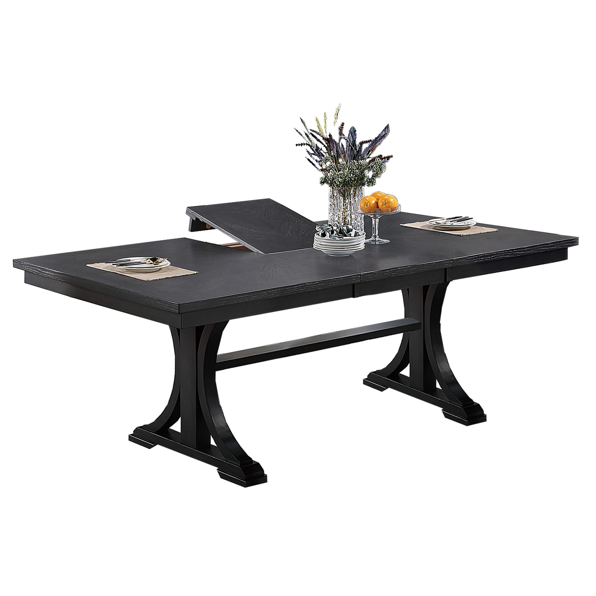 Rectangle Dining Table With Butterfly Leaf, Trestle Base - Charcoal