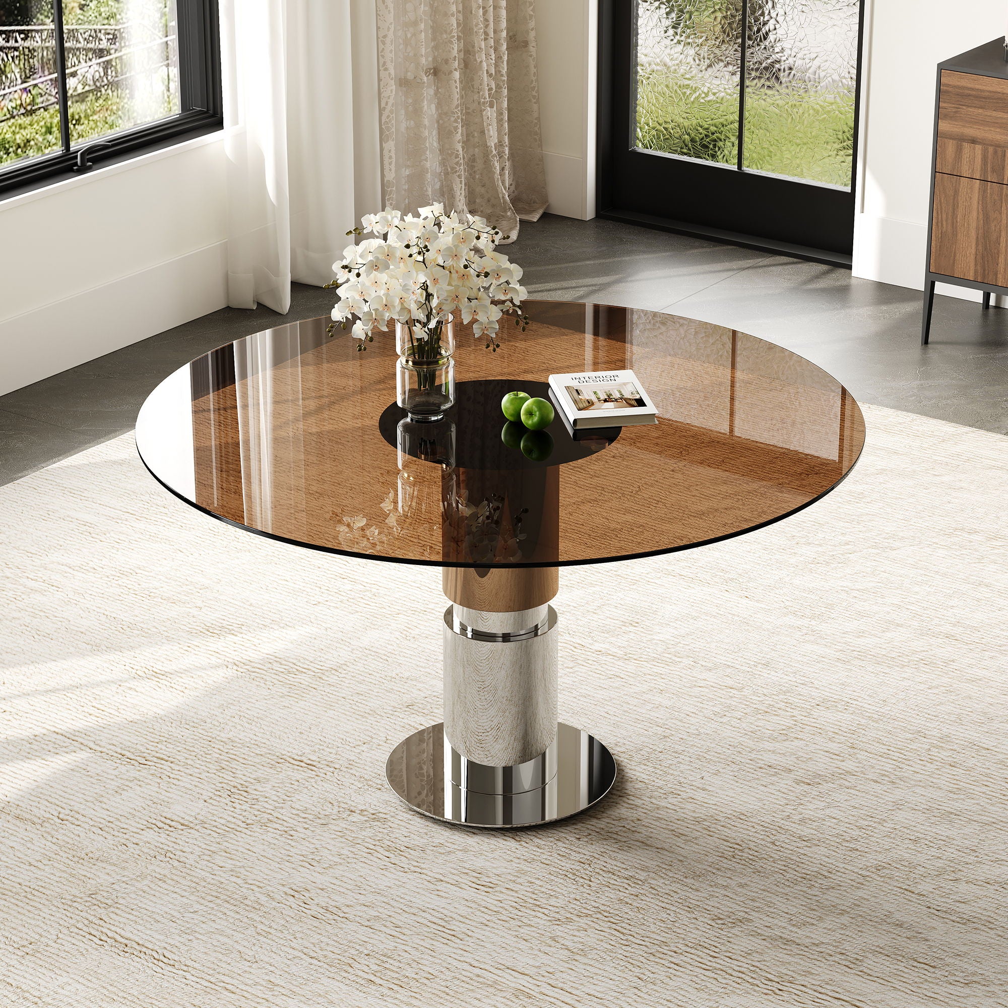 Round Dining Table / Tempered Glass Top - Brown