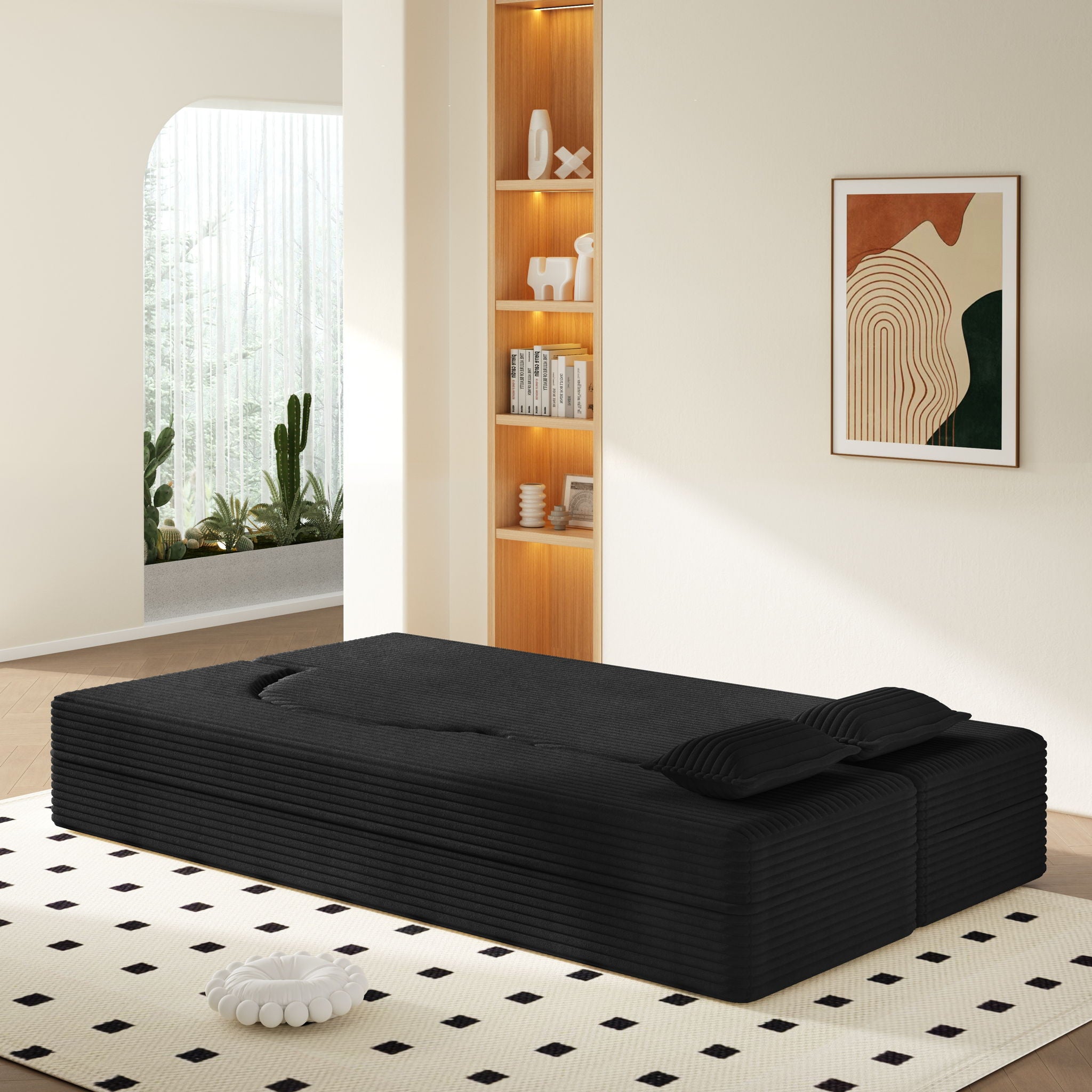 Modern Floor Sofa With 2 Pillows, Convertible Twin Size Folding Mattress For Living Room