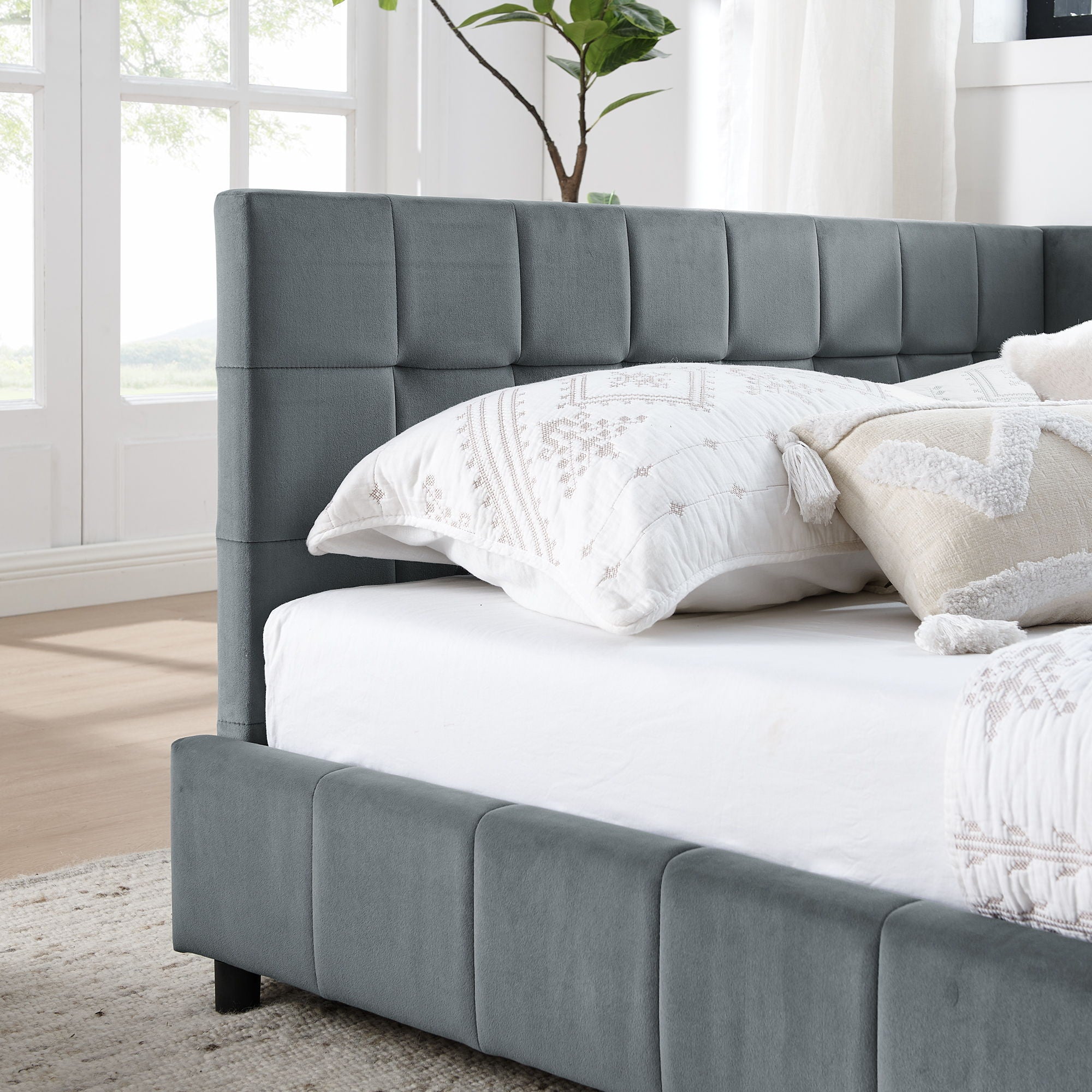 Elegant Storage Upholstered Tufted Bed Frame With Backrest And Armrests
