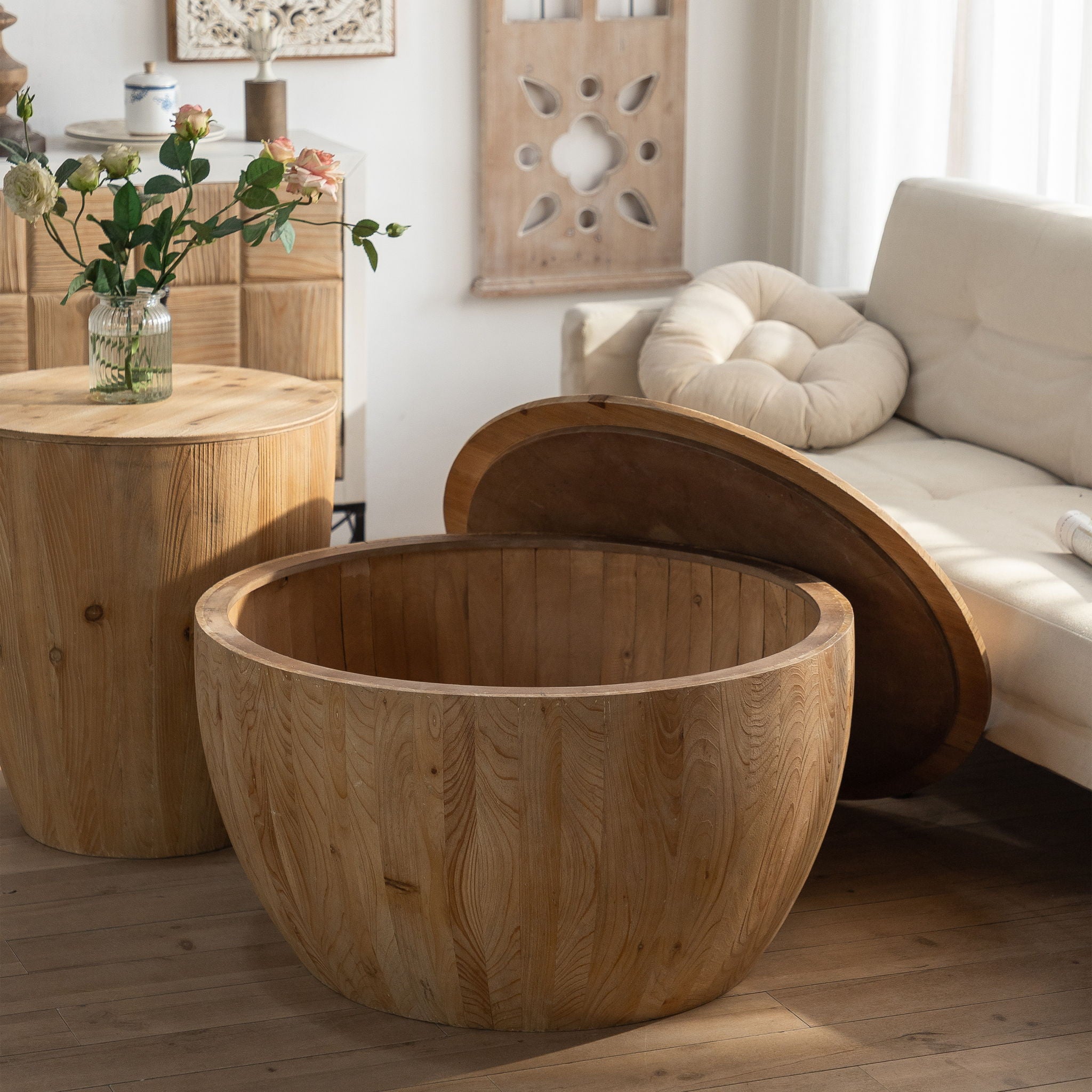 Barrel Coffee Table With Storage For Living Room - Natural