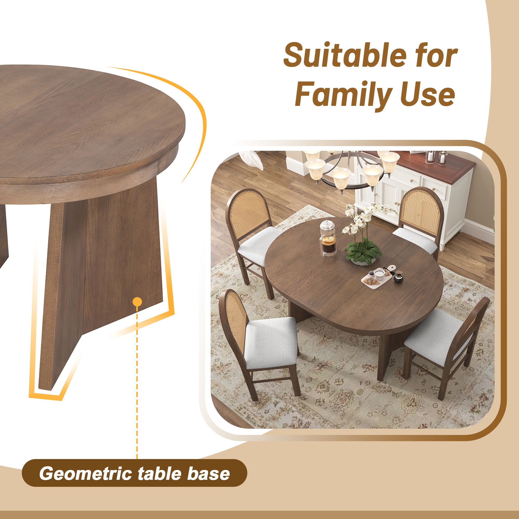 Extendable Round Dining Table Set For 4 With 4 Upholstered Chairs - Beige / Walnut